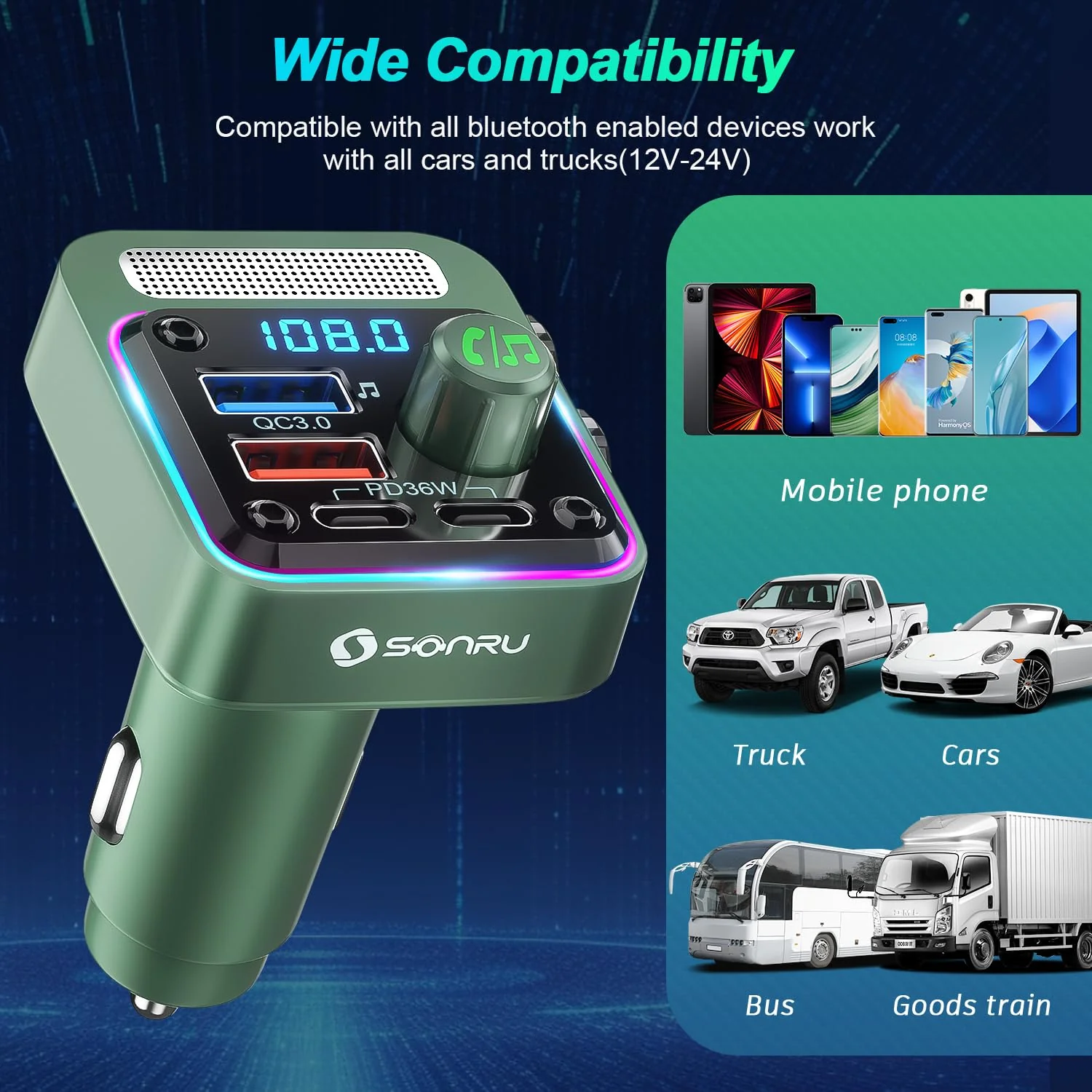 Bluetooth 5.3 FM Transmitter Car Adapter - SONRU Car Charger 54W [PD 36W & QC3.0 18W], Wireless FM Radio Transmitter [HiFi Treble & Bass Player], 5 Colors LED Backlit, Hands-Free Calling, U-Disk Green - Image 8