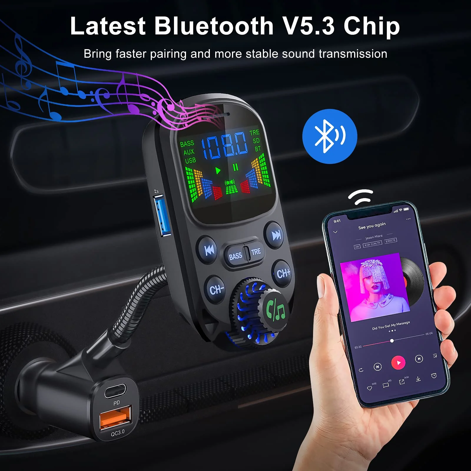 Bluetooth 5.3 FM Transmitter for Car SOARUN Bluetooth Car Adapter PD30W & USB Port Fast Charge, HiFi Treble & Bass Player, 1.6" Display Hands-Free Calling Truck Radio with AUX Input/Output, TF Card Beige - Image 2