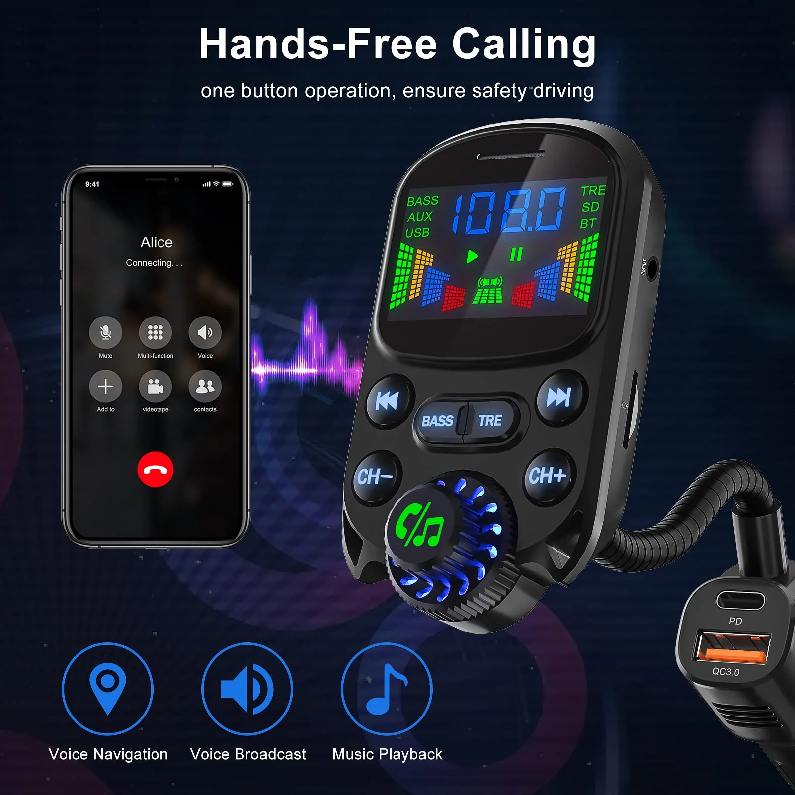 Bluetooth 5.3 FM Transmitter for Car SOARUN Bluetooth Car Adapter PD30W & USB Port Fast Charge, HiFi Treble & Bass Player, 1.6" Display Hands-Free Calling Truck Radio with AUX Input/Output, TF Card Beige - Image 4