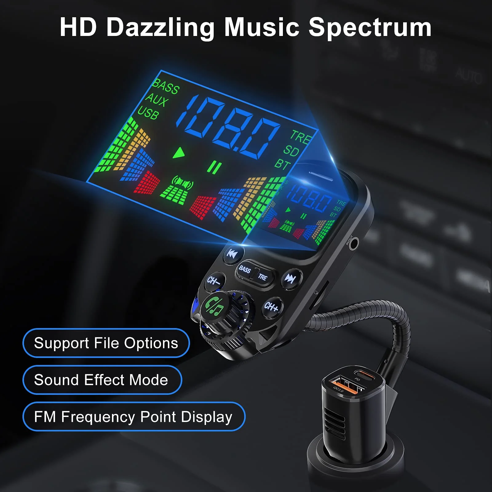 Bluetooth 5.3 FM Transmitter for Car SOARUN Bluetooth Car Adapter PD30W & USB Port Fast Charge, HiFi Treble & Bass Player, 1.6" Display Hands-Free Calling Truck Radio with AUX Input/Output, TF Card Beige - Image 6