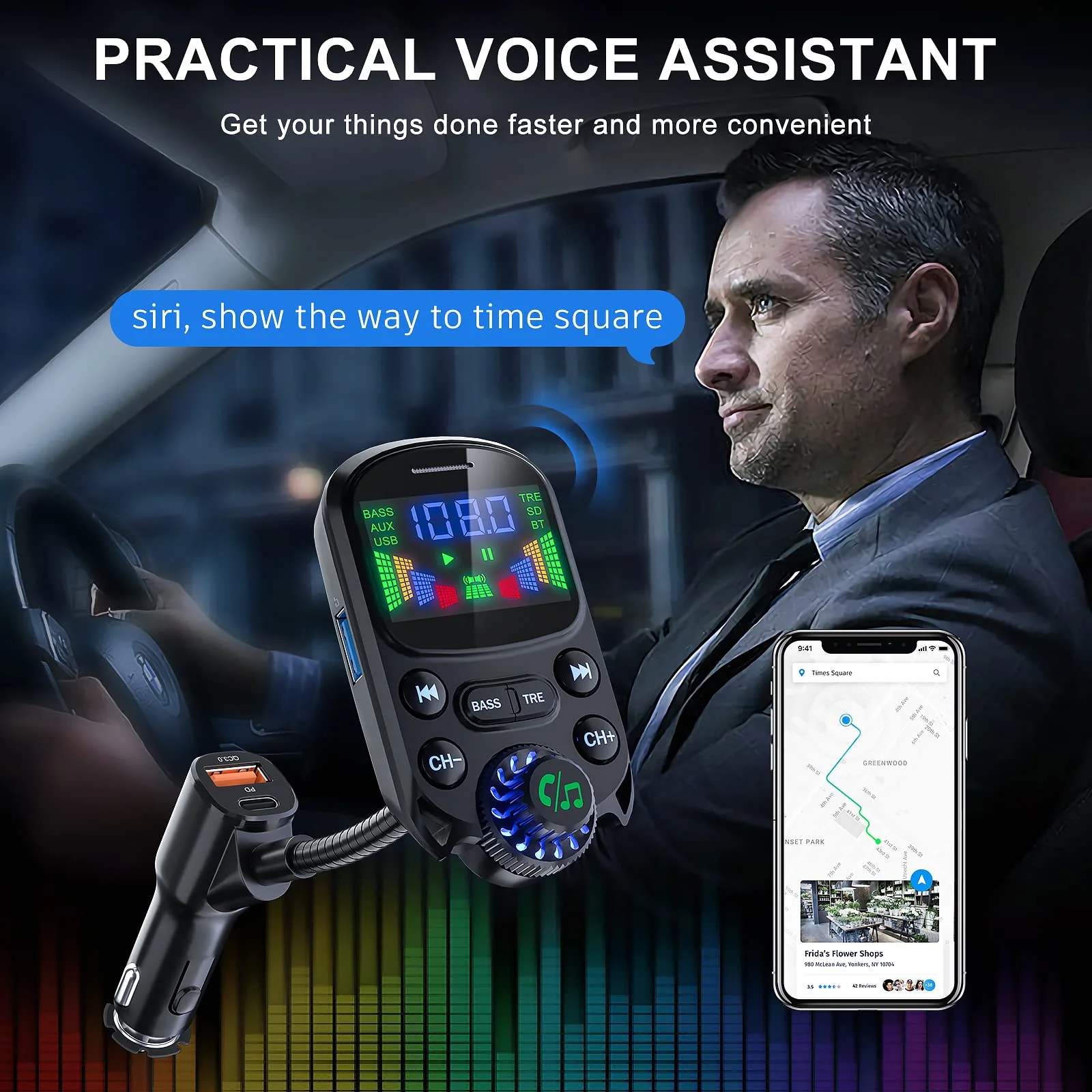Bluetooth 5.3 FM Transmitter for Car SOARUN Bluetooth Car Adapter PD30W & USB Port Fast Charge, HiFi Treble & Bass Player, 1.6" Display Hands-Free Calling Truck Radio with AUX Input/Output, TF Card Beige - Image 7