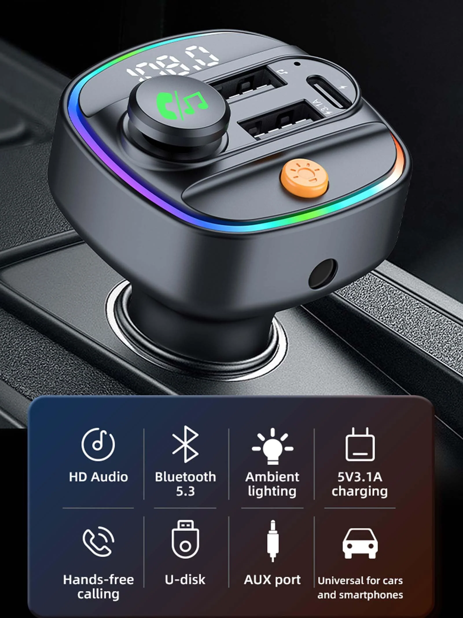 Bluetooth 5.3 FM Transmitter for Car, Wireless Car Adapter with Hands-Free Calling, Navigation Announcement, USB/AUX Playback, Dual USB & Type-C Fast Charging, for iPhone/Android/Smartphones C4 - Image 2