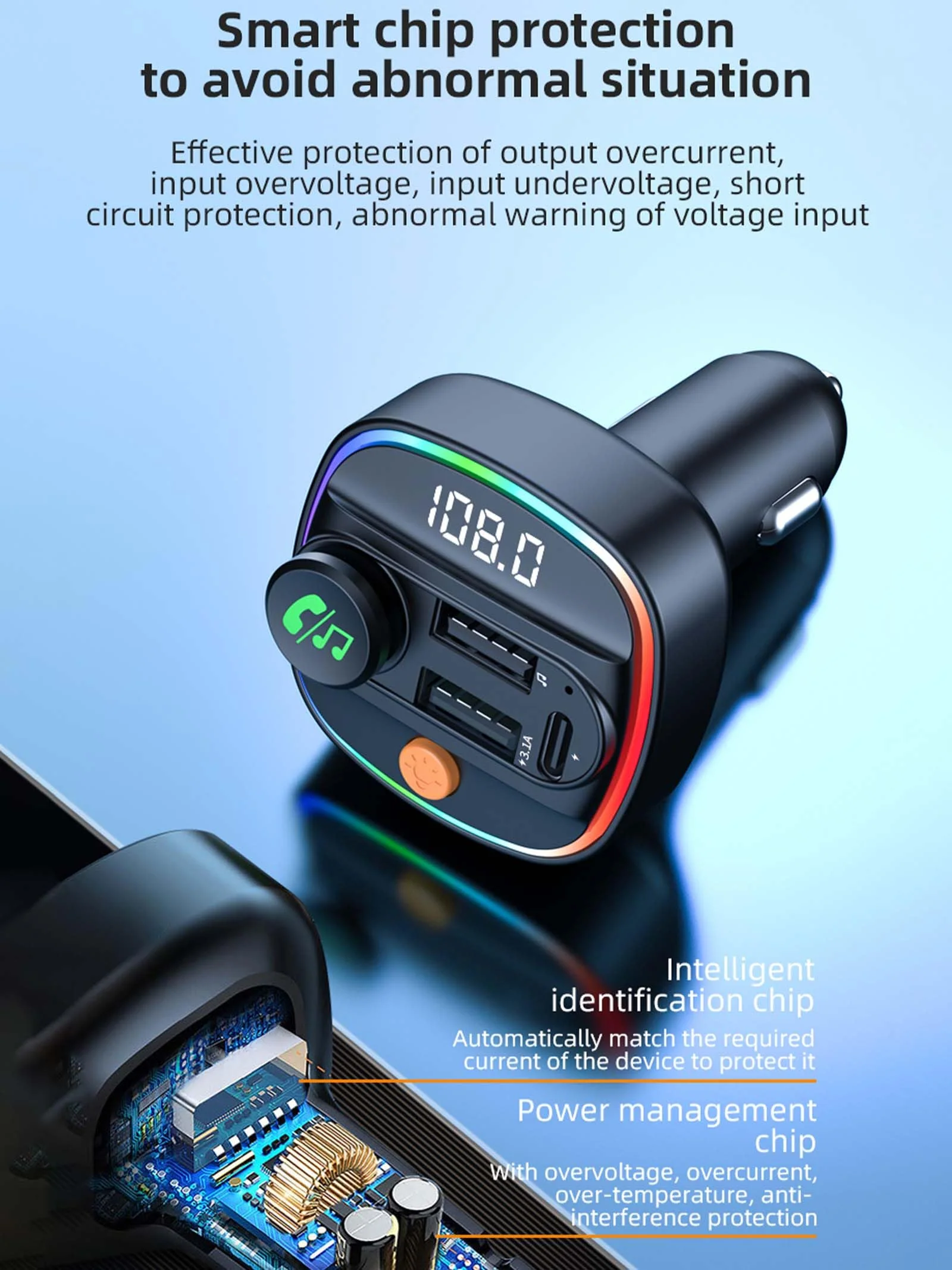Bluetooth 5.3 FM Transmitter for Car, Wireless Car Adapter with Hands-Free Calling, Navigation Announcement, USB/AUX Playback, Dual USB & Type-C Fast Charging, for iPhone/Android/Smartphones C4 - Image 5