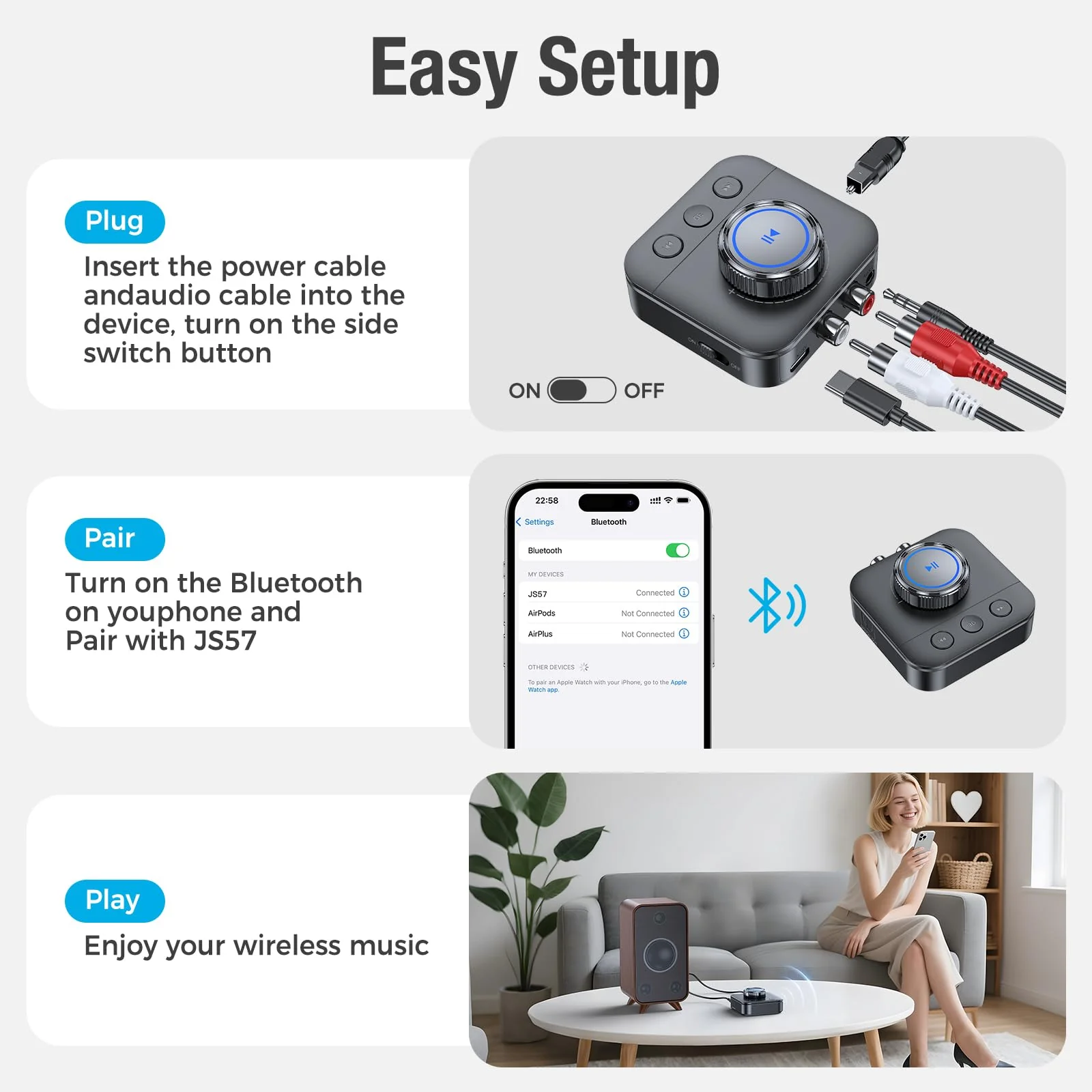 Bluetooth 5.3 Receiver for Home Stereo, RCA Bluetooth Adapter for 3D Surround, Support Optical, AUX 3.5mm, RCA Receiver Adapter for Speakers, Music Streaming Stereo System - Image 3