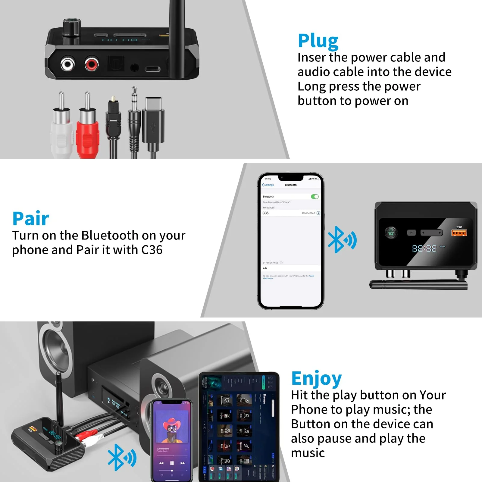 Bluetooth 5.3 Receiver, RCA Bluetooth Adapter, Low Latency & HD Music Audio, Support Optical AUX 3.5mm, RCA Bluetooth Receiver Adapter for Home Stereo Speakers, Music Streaming Stereo System - Image 4