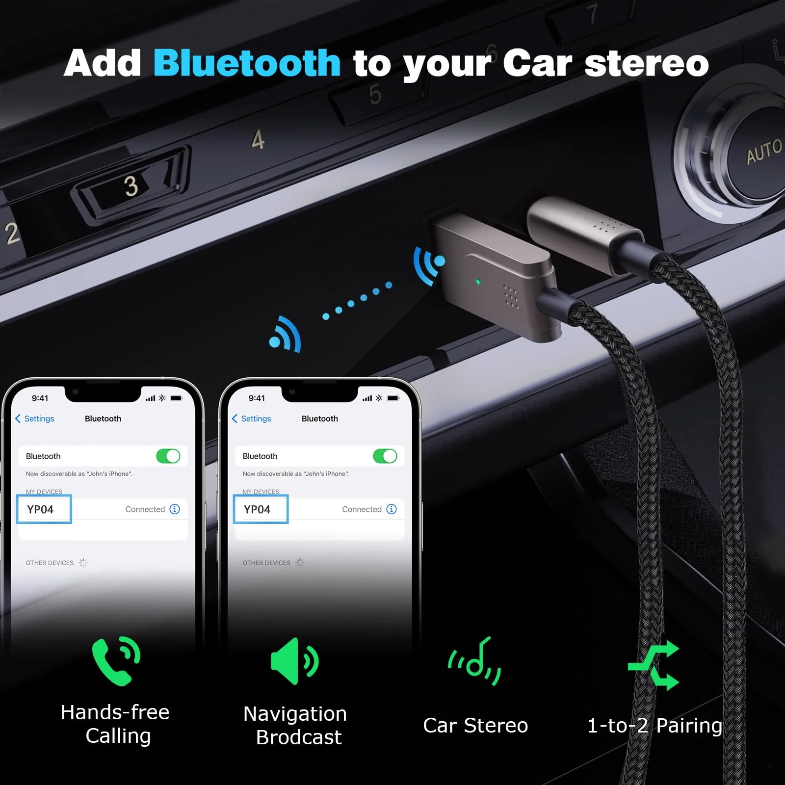 Bluetooth 5.3 to Aux Adapter for Car or Amp, USB to 3.5mm Female Bluetooth Receiver, add Bluetooth to Wired Headphone, Car, Speaker, or Amplifier for Hands-Free Call, Voice Navigation, Music - Image 6