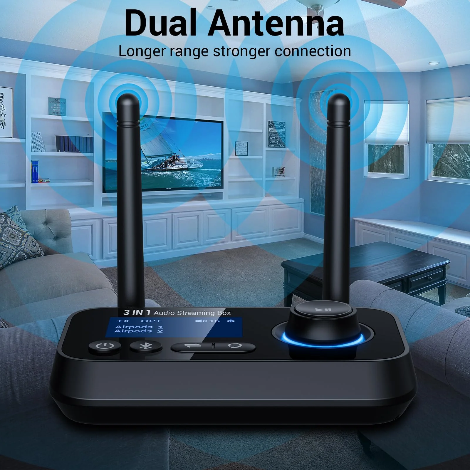 Bluetooth 5.3 Transmitter for TV Audio w. Screen Display Dual Antenna Low Latency Bluetooth Adapter Support Up to 2 BT Headphones Long Range Bluetooth Extender 3.5mm AUX/RCA/Opt Input/Output Black - Image 2