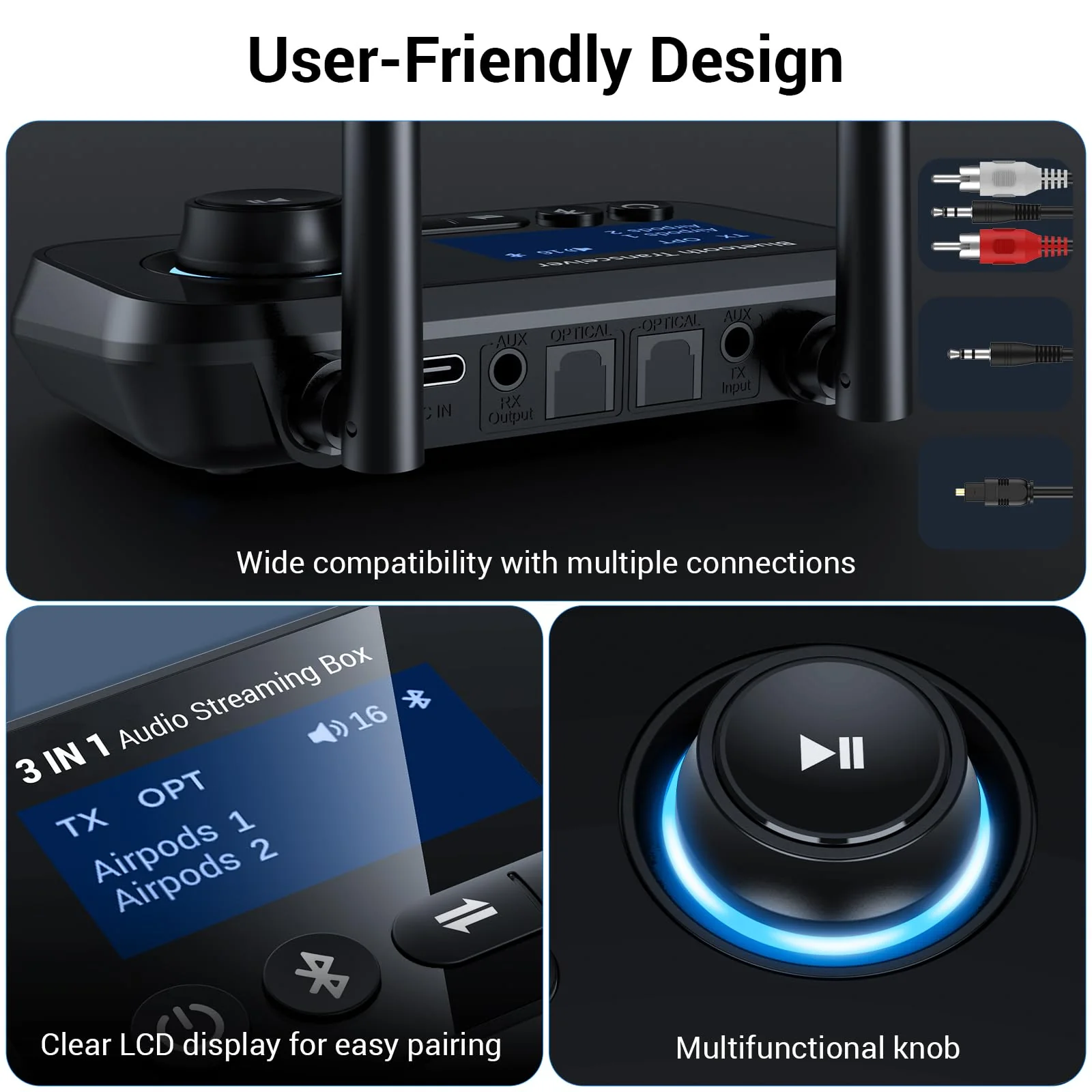 Bluetooth 5.3 Transmitter for TV Audio w. Screen Display Dual Antenna Low Latency Bluetooth Adapter Support Up to 2 BT Headphones Long Range Bluetooth Extender 3.5mm AUX/RCA/Opt Input/Output Black - Image 7