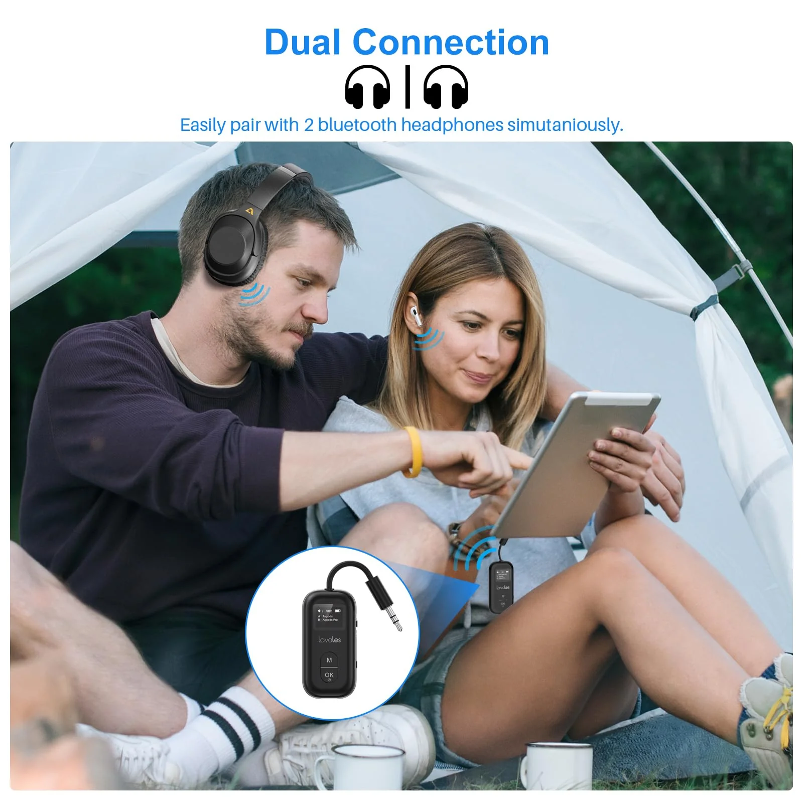 Bluetooth 5.3 Transmitter Receiver for Airplane to 2 Headphone – aptX Low Latency, 100ft Long Range, 35H Playtime, 2-in-1 Wireless Bluetooth Audio Adapter W/Screen for TV, Tablets, Speakers Black - Image 3