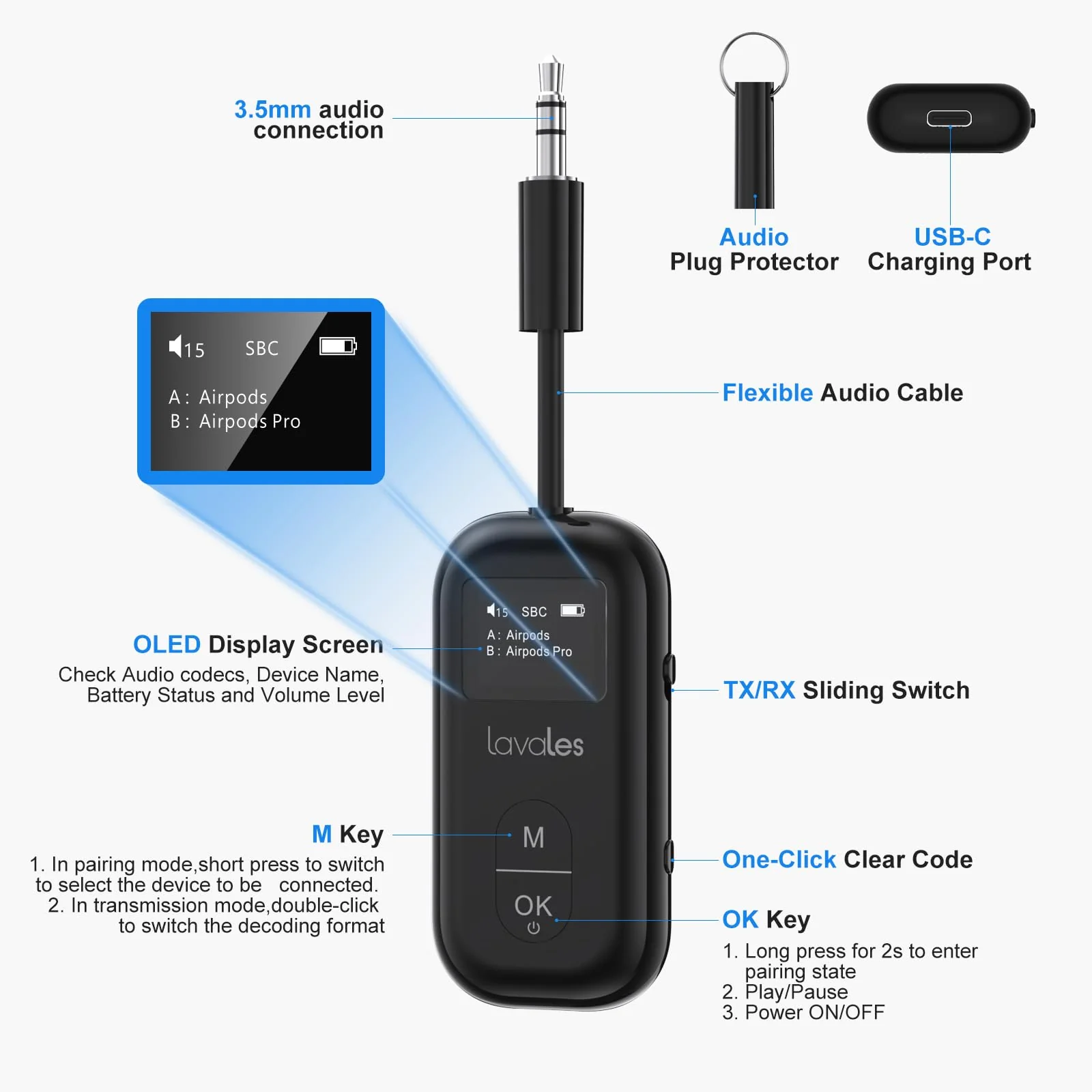 Bluetooth 5.3 Transmitter Receiver for Airplane to 2 Headphone – aptX Low Latency, 100ft Long Range, 35H Playtime, 2-in-1 Wireless Bluetooth Audio Adapter W/Screen for TV, Tablets, Speakers Black - Image 6