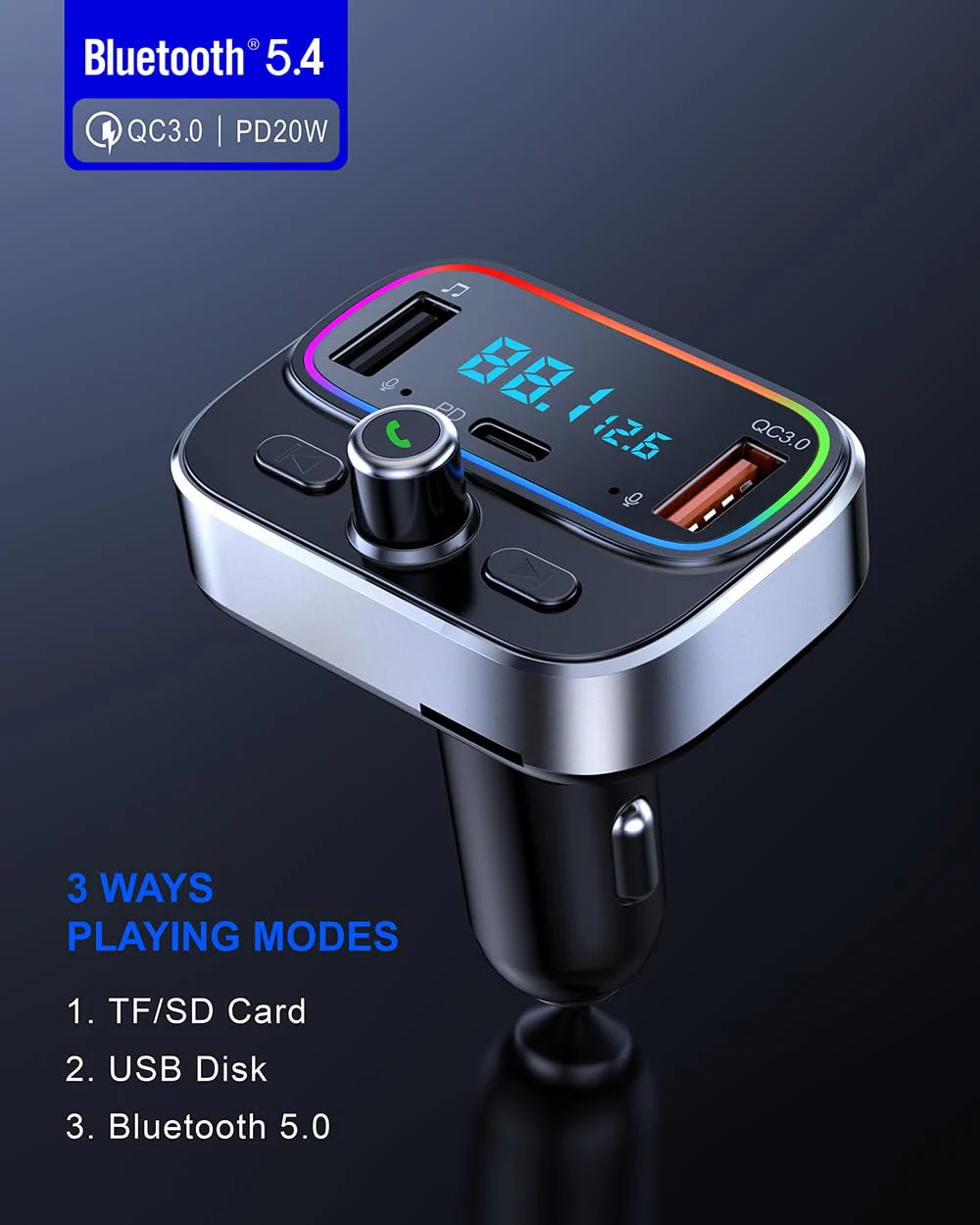 Bluetooth 5.4 FM Transmitter for Car Wireless Radio Adapter Kit, Hands-Free Calling Dual Microphone, Fast Charging 18W & PD 20W for All Smartphones Audio Players, Supports TF/SD Card and USB Disk - Image 2