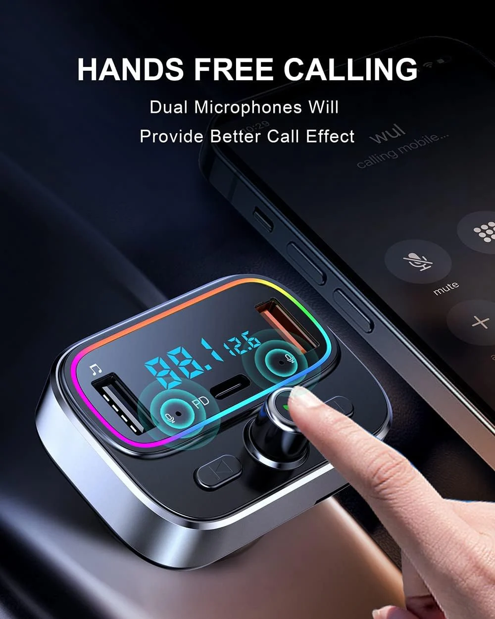Bluetooth 5.4 FM Transmitter for Car Wireless Radio Adapter Kit, Hands-Free Calling Dual Microphone, Fast Charging 18W & PD 20W for All Smartphones Audio Players, Supports TF/SD Card and USB Disk - Image 4