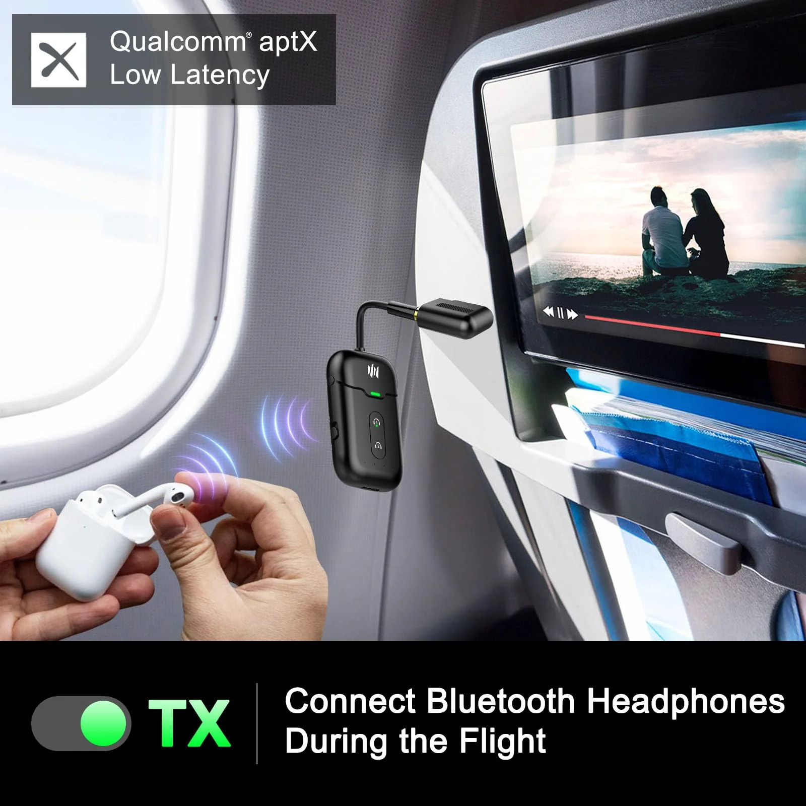 Bluetooth 5.4 Transmitter Receiver,2-in-1 Bluetooth Adapter for Airplane,Bluetooth Transmitter for TV,Gym, Up to 2 AirPods/Headphones,Wireless Audio Adapter with aptX LL for Travel & Home/Car Stereo Black - Image 3