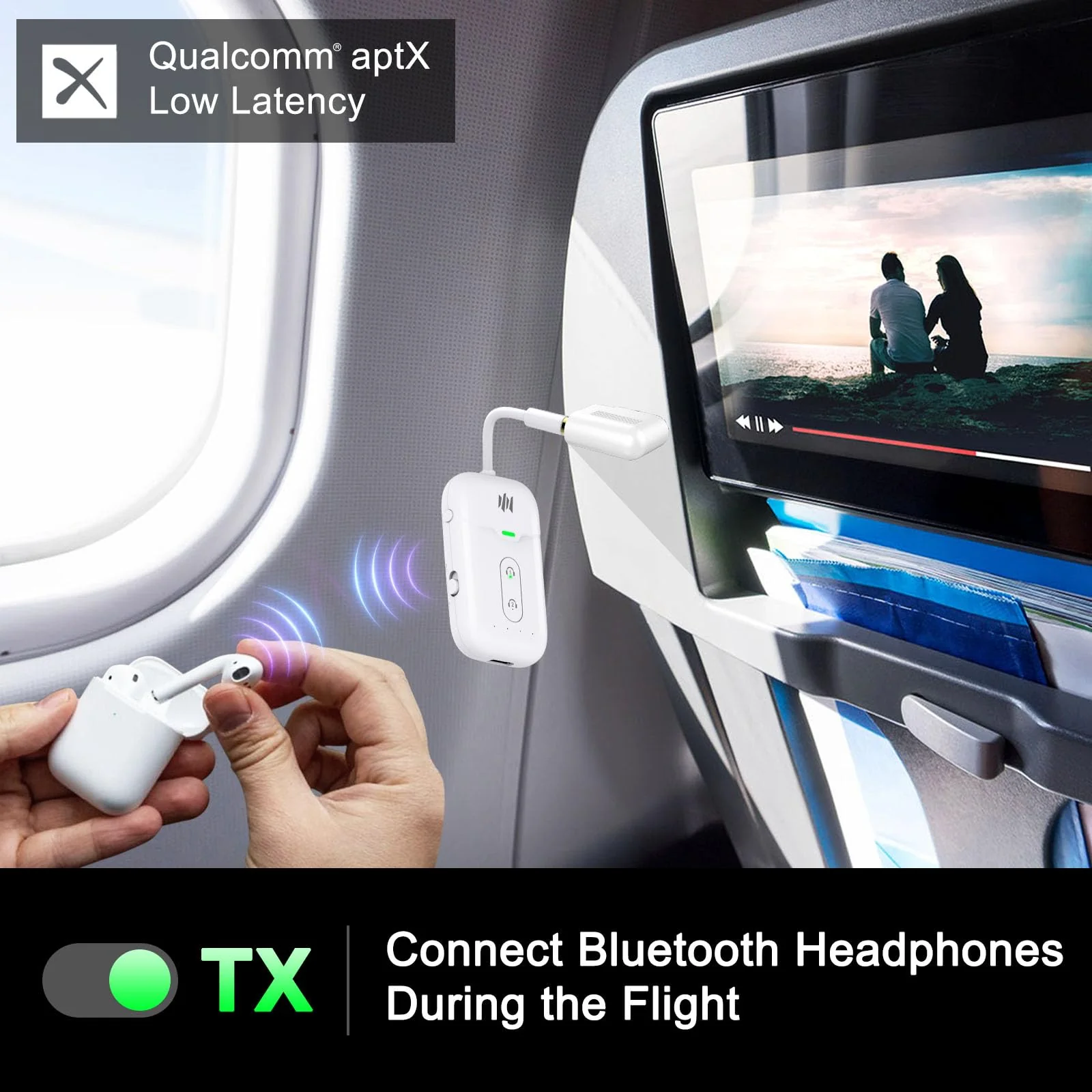 Bluetooth 5.4 Transmitter Receiver,2-in-1 Bluetooth Adapter for Airplane,Bluetooth Transmitter for TV,Gym, Up to 2 AirPods/Headphones,Wireless Audio Adapter with aptX LL for Travel & Home/Car Stereo White - Image 3