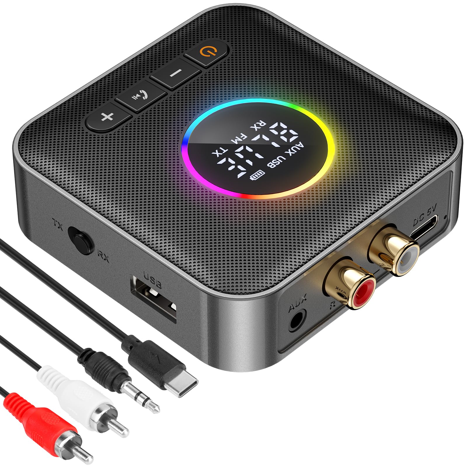 Bluetooth 5.4 Transmitter Receiver 3-in-1 Bluetooth Adapter HiFi Audio Bluetooth Receiver FM Transmitter with LED Display 3.5mm AUX RCA USB for TV/Car/PC/Home Stereo/Speakers