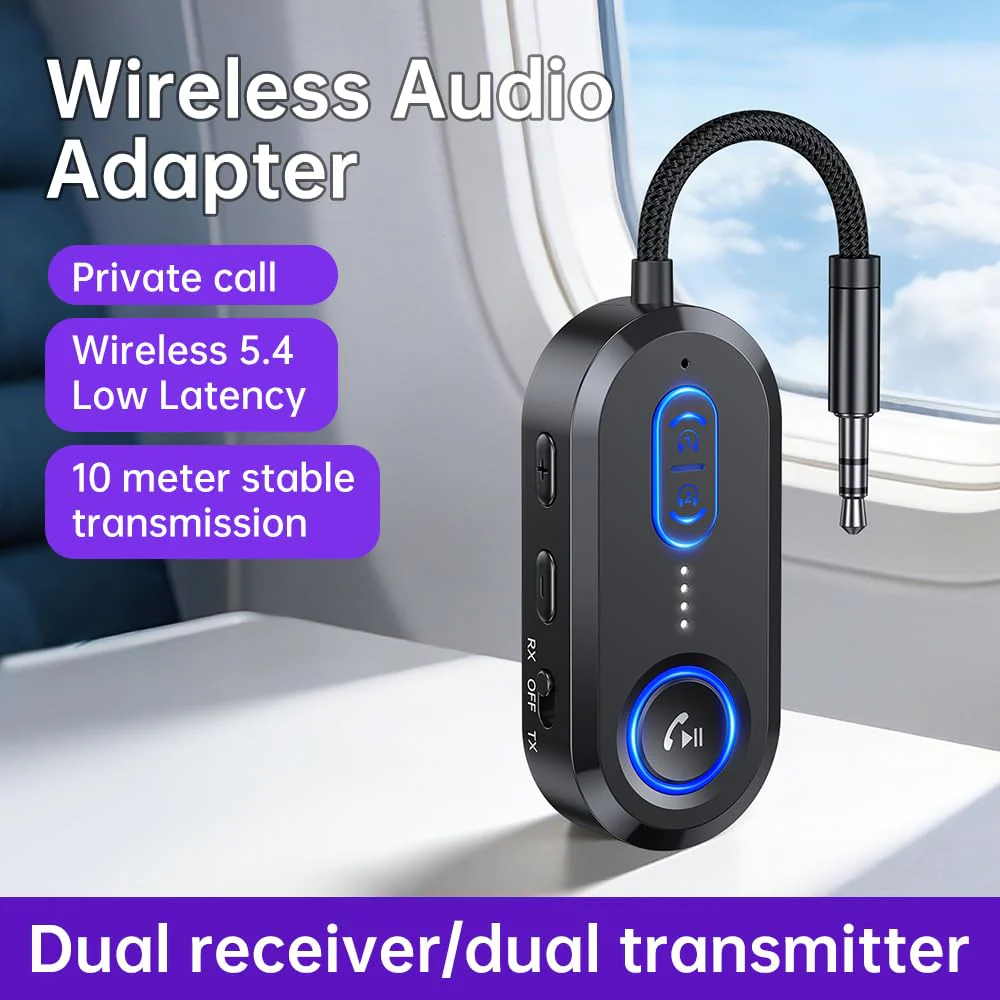 Bluetooth 5.4 Transmitter Receiver for 2 AirPods/Headphones, 2-in-1 Bluetooth Audio Adapter for TV, Airplane Travel, 3.5mm AUX Wireless Adapter for Car/Home Stereo - Image 7