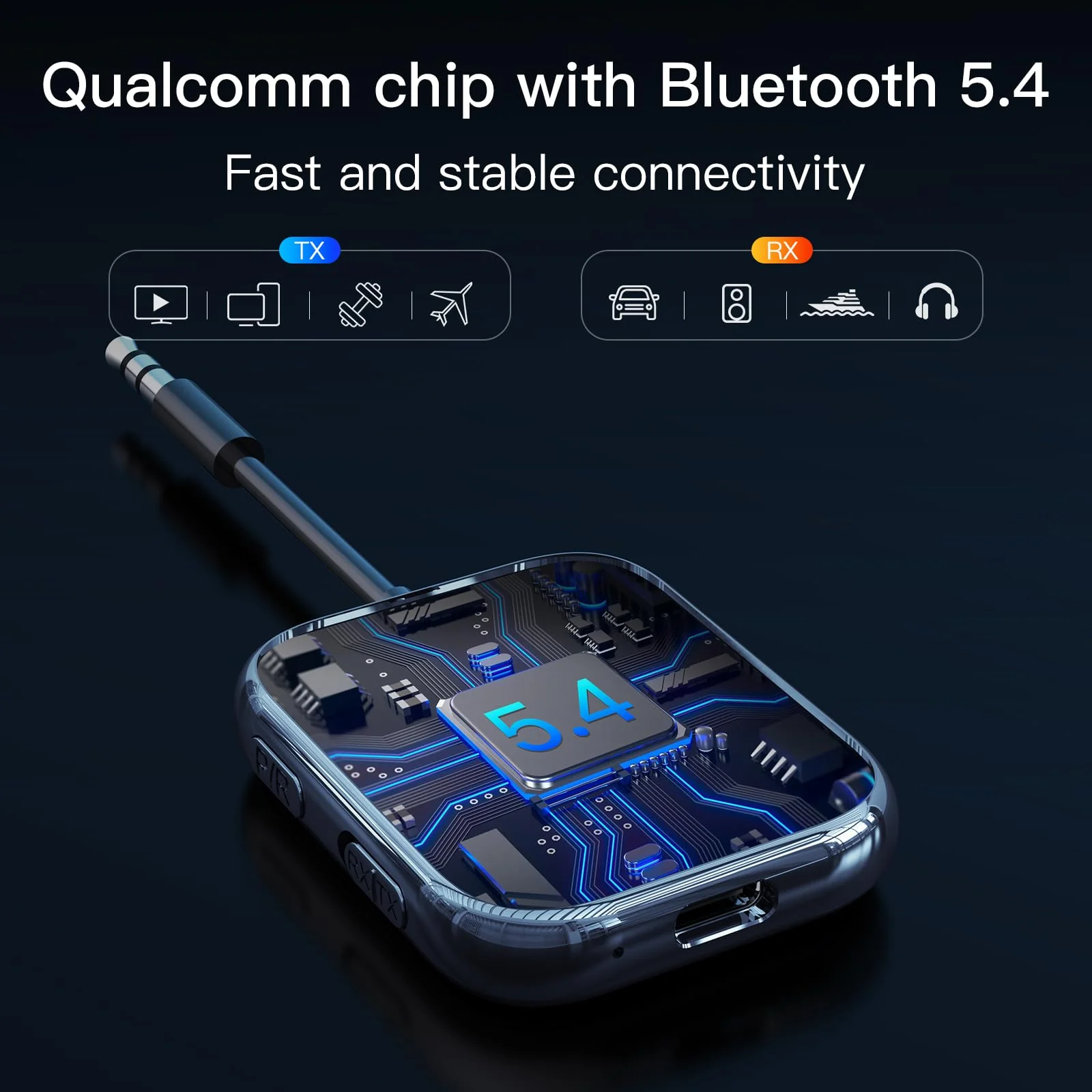 Bluetooth 5.4 Transmitter Receiver, Low-Latency for Gaming/TV/PC/Gym,2-in-1 Dual Mode for 2 Devices,Ideal for Airplane Travel, aptX Adaptive HD Audio, Wear-Resistant Ultra-Ceramic Black - Image 6