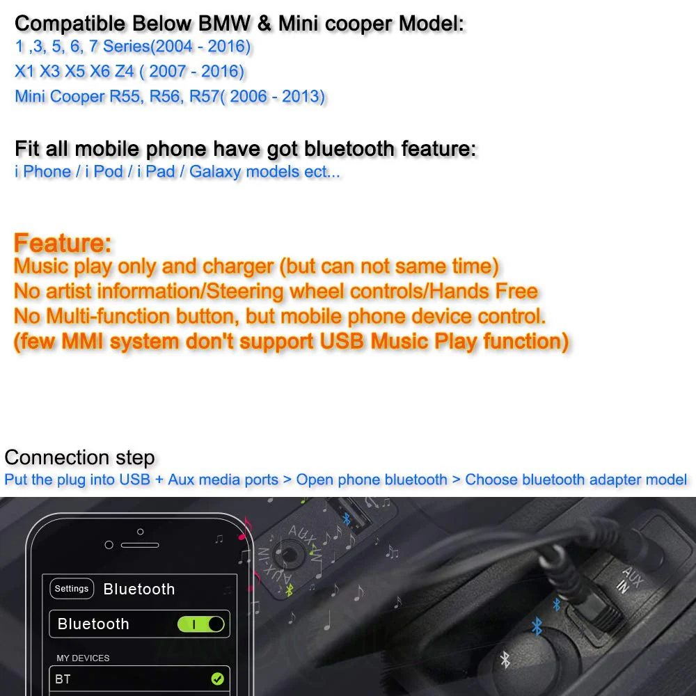 Bluetooth Adapter Compatible with Mini Cooper BMW Car Apple Android Phone Music AUX 3.5 Wireless Cable Capable Devices - Image 5