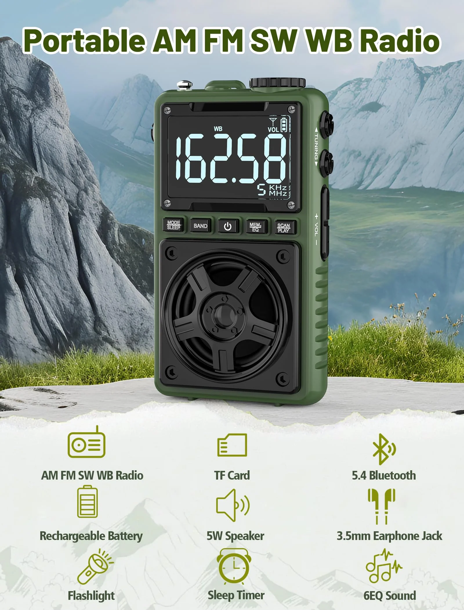 Bluetooth AM FM Shortwave Radio with NOAA Weather Alert,1250mAh Rechargeable Portable Pocket Radio with Best Reception,5W Big Speaker, Digital Tuner and Earphone,Support SD Card and USB MP3 Player Green - Image 2
