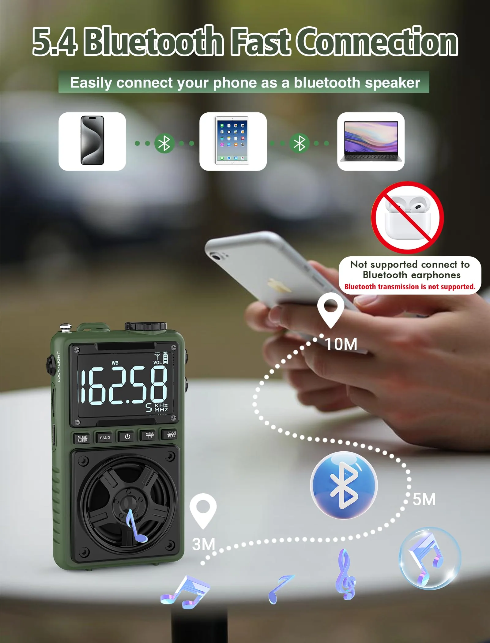 Bluetooth AM FM Shortwave Radio with NOAA Weather Alert,1250mAh Rechargeable Portable Pocket Radio with Best Reception,5W Big Speaker, Digital Tuner and Earphone,Support SD Card and USB MP3 Player Green - Image 3