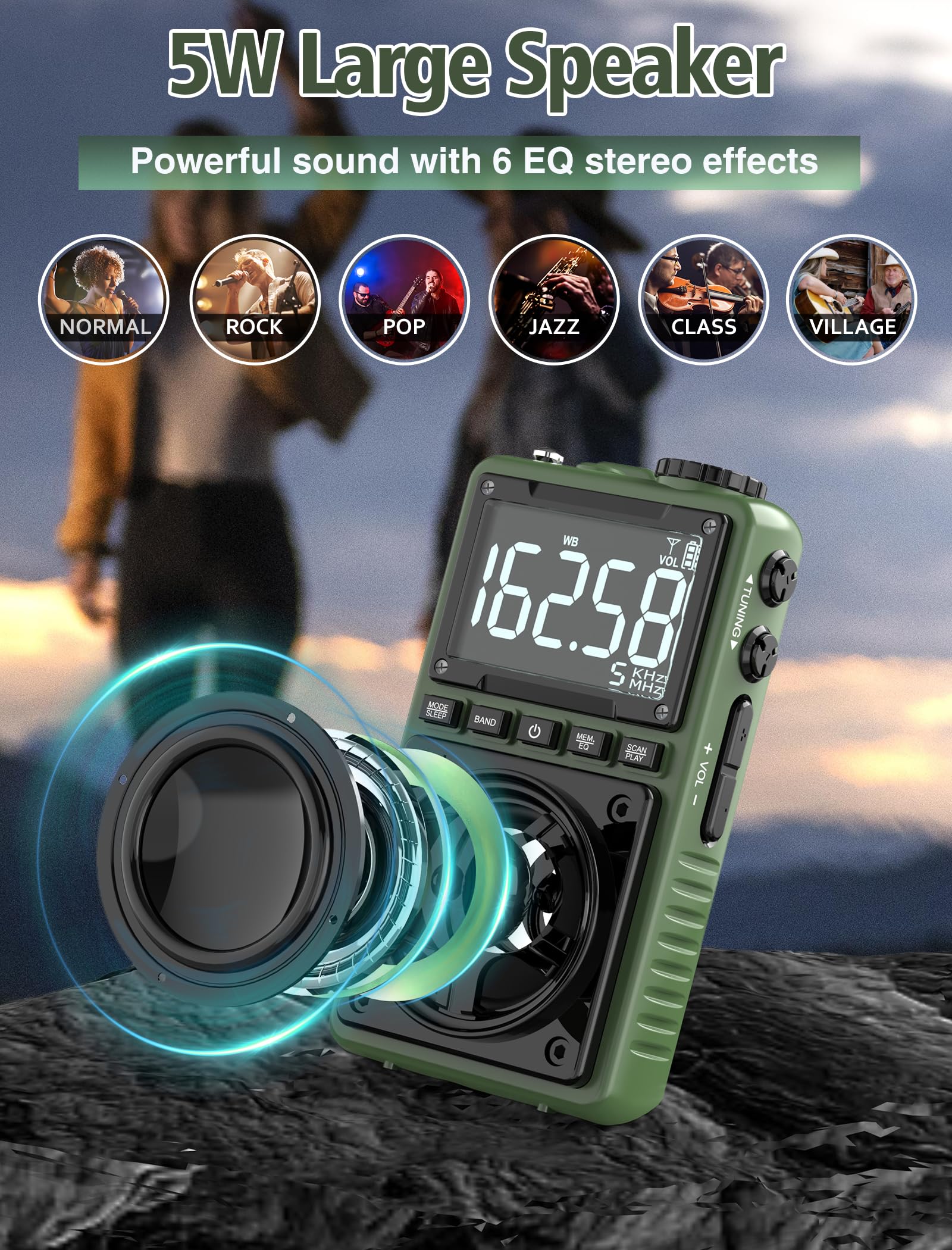 Bluetooth AM FM Shortwave Radio with NOAA Weather Alert,1250mAh Rechargeable Portable Pocket Radio with Best Reception,5W Big Speaker, Digital Tuner and Earphone,Support SD Card and USB MP3 Player Green - Image 4