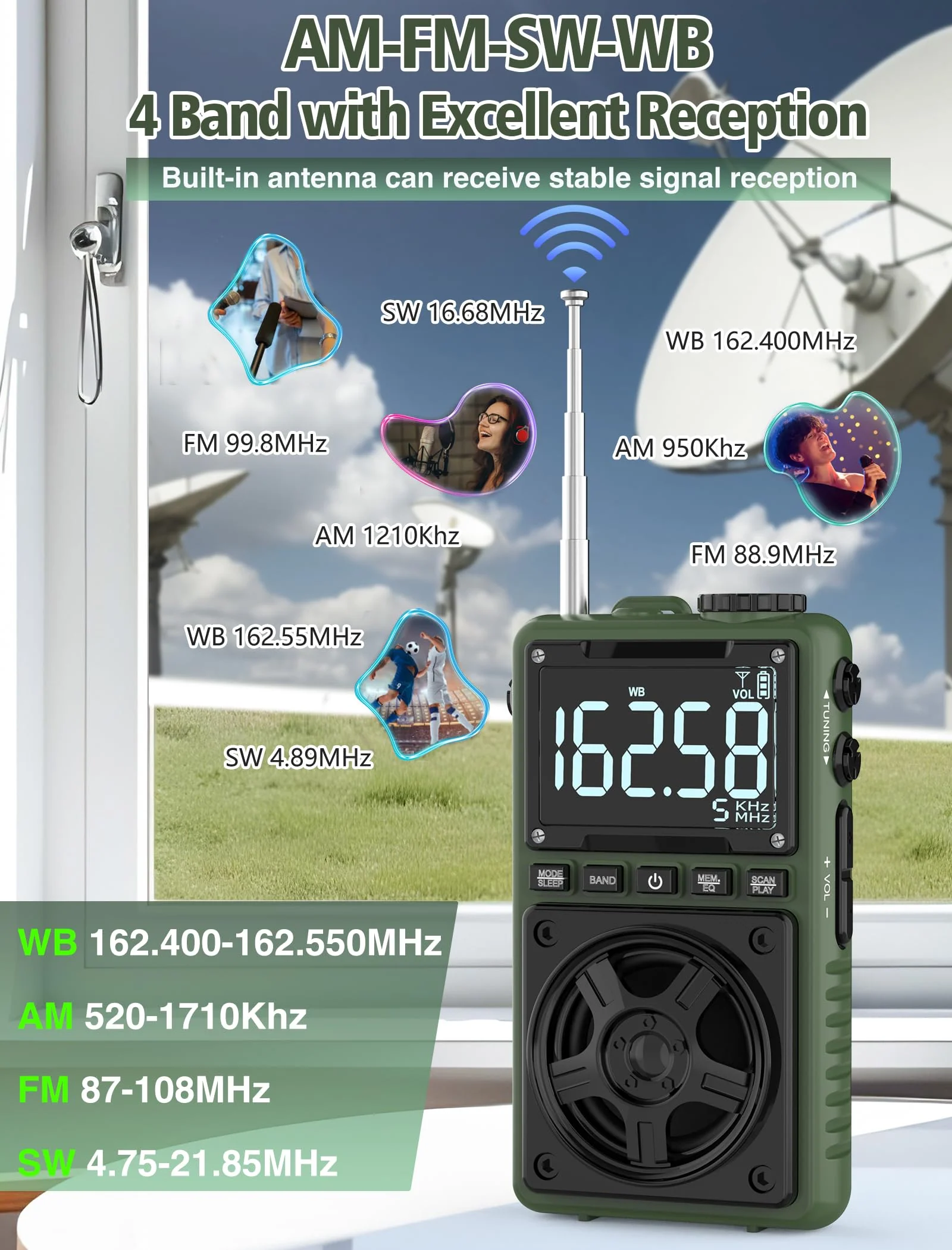 Bluetooth AM FM Shortwave Radio with NOAA Weather Alert,1250mAh Rechargeable Portable Pocket Radio with Best Reception,5W Big Speaker, Digital Tuner and Earphone,Support SD Card and USB MP3 Player Green - Image 6