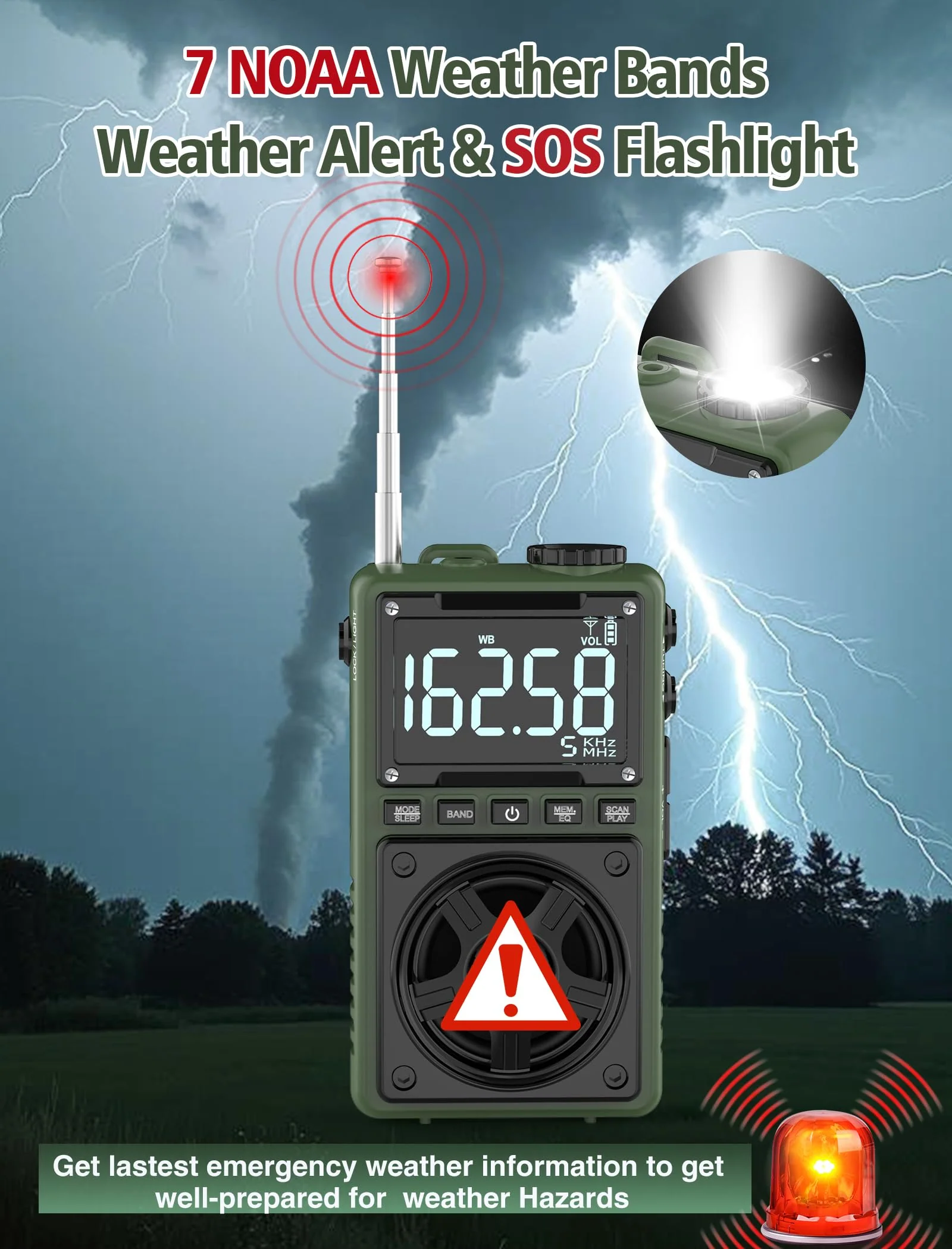Bluetooth AM FM Shortwave Radio with NOAA Weather Alert,1250mAh Rechargeable Portable Pocket Radio with Best Reception,5W Big Speaker, Digital Tuner and Earphone,Support SD Card and USB MP3 Player Green - Image 7