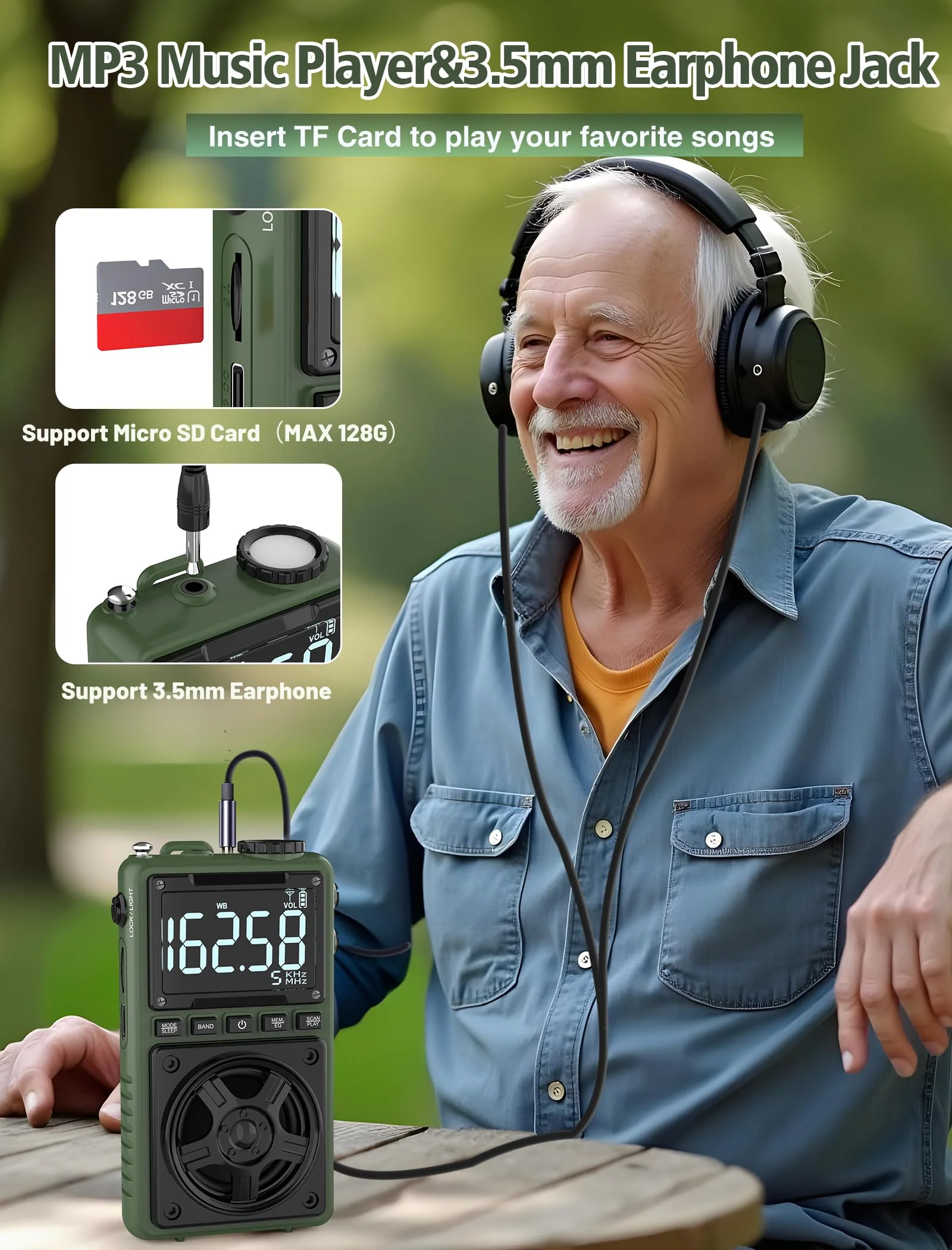 Bluetooth AM FM Shortwave Radio with NOAA Weather Alert,1250mAh Rechargeable Portable Pocket Radio with Best Reception,5W Big Speaker, Digital Tuner and Earphone,Support SD Card and USB MP3 Player Green - Image 8