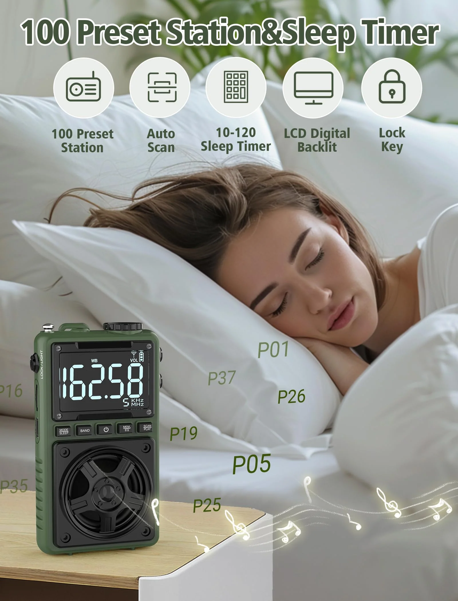 Bluetooth AM FM Shortwave Radio with NOAA Weather Alert,1250mAh Rechargeable Portable Pocket Radio with Best Reception,5W Big Speaker, Digital Tuner and Earphone,Support SD Card and USB MP3 Player Green - Image 9