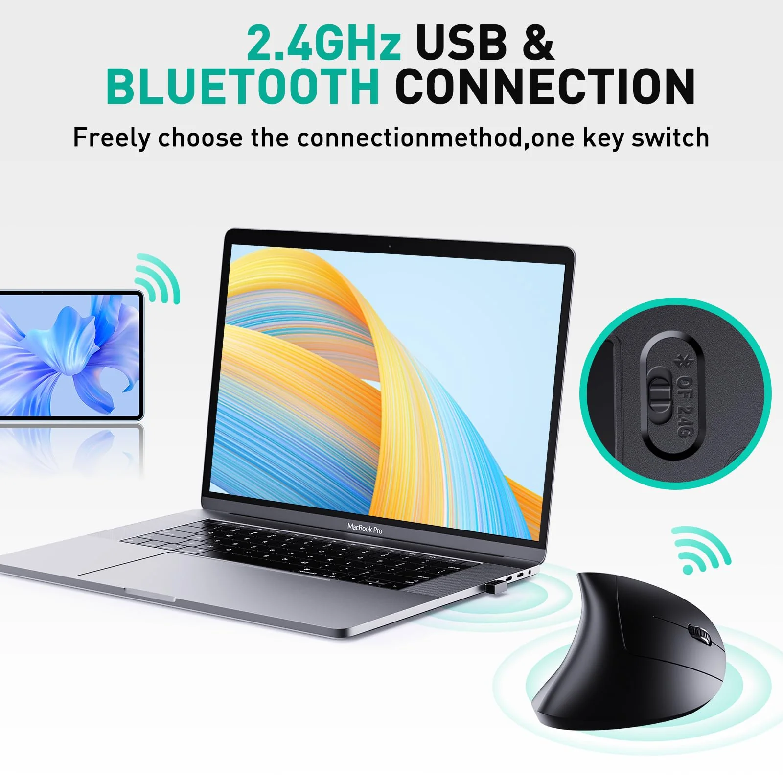Bluetooth and 2.4G (2-in-1) Rechargeable Wireless Mouse, Ergonomic Vertical Design, 1000/1200/1600 DPI, 6 Silent Buttons, for Laptop, Computer, PC, MacBook, Chromebook-Black - Image 2