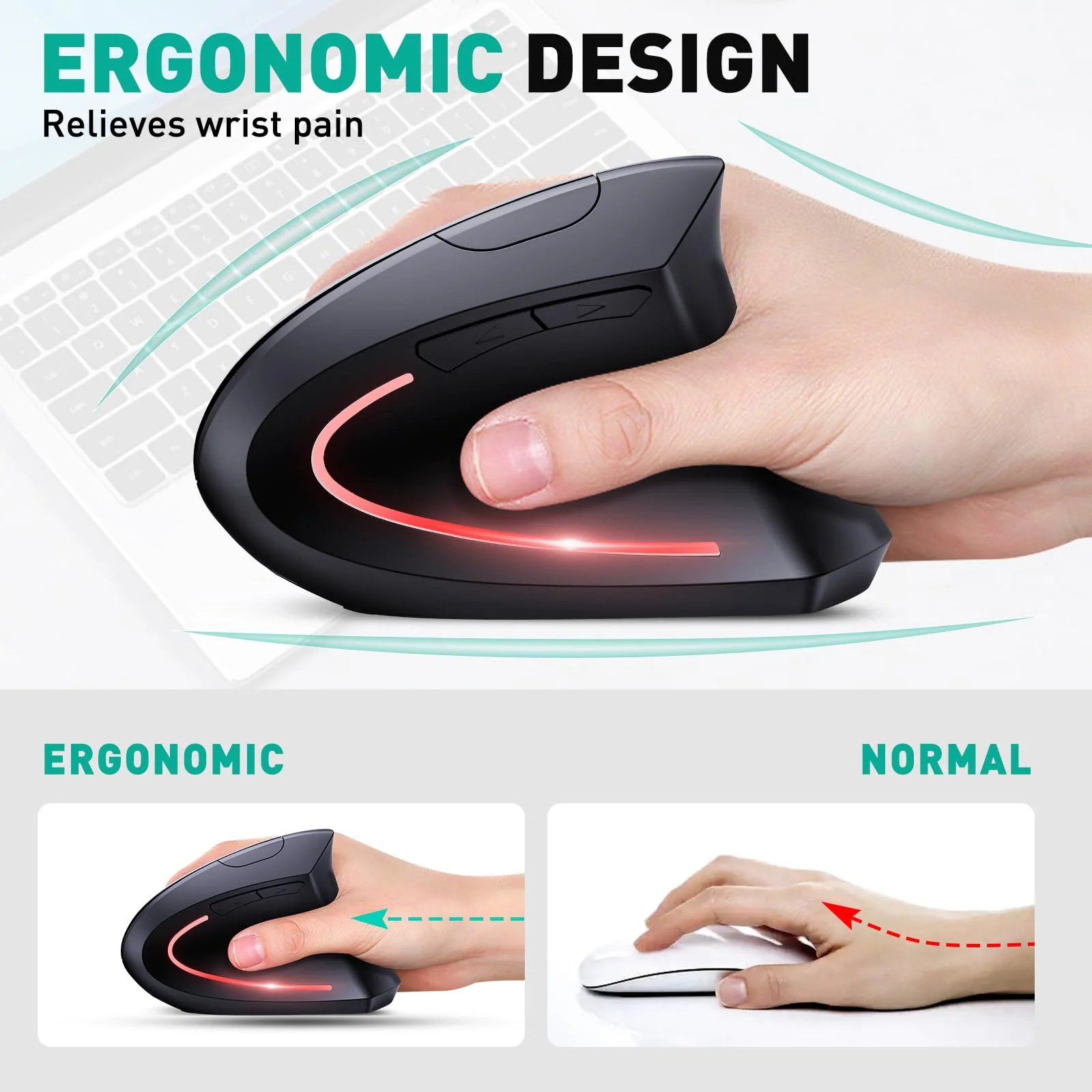 Bluetooth and 2.4G (2-in-1) Rechargeable Wireless Mouse, Ergonomic Vertical Design, 1000/1200/1600 DPI, 6 Silent Buttons, for Laptop, Computer, PC, MacBook, Chromebook-Black - Image 3