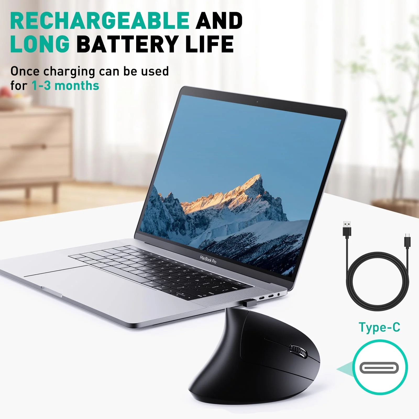 Bluetooth and 2.4G (2-in-1) Rechargeable Wireless Mouse, Ergonomic Vertical Design, 1000/1200/1600 DPI, 6 Silent Buttons, for Laptop, Computer, PC, MacBook, Chromebook-Black - Image 5