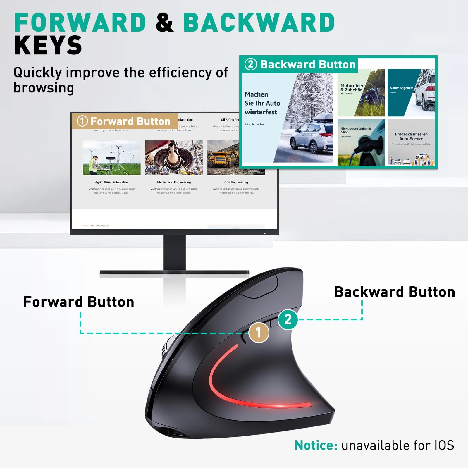 Bluetooth and 2.4G (2-in-1) Rechargeable Wireless Mouse, Ergonomic Vertical Design, 1000/1200/1600 DPI, 6 Silent Buttons, for Laptop, Computer, PC, MacBook, Chromebook-Black - Image 7