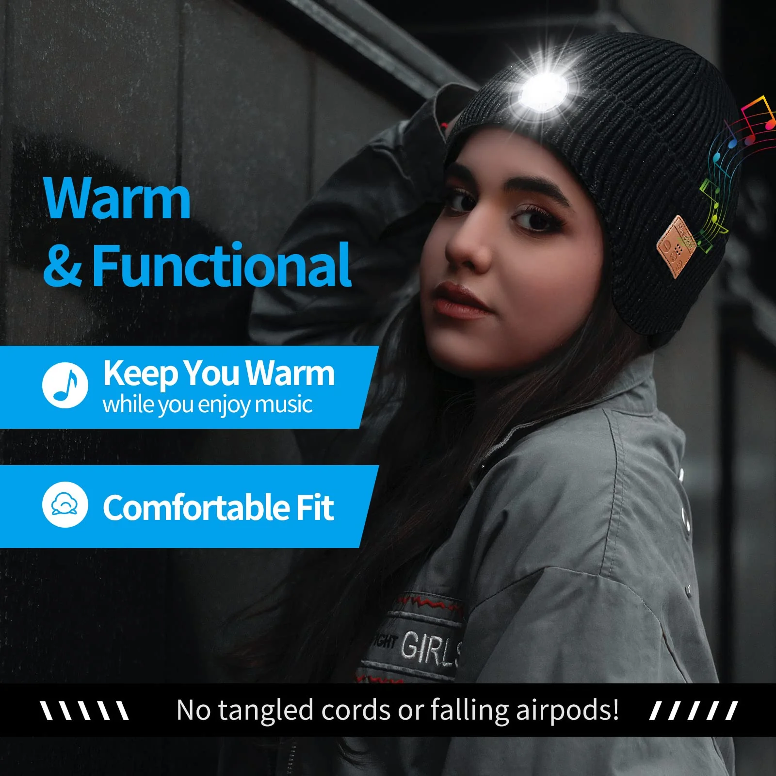 Bluetooth Beanie Hat with Light and Headphones, Built-in Microphone and Stereo Speakers Upgrade Music Knitted Hat, Unisex USB Rechargeable Headphones Music Hat (Black) - Image 2