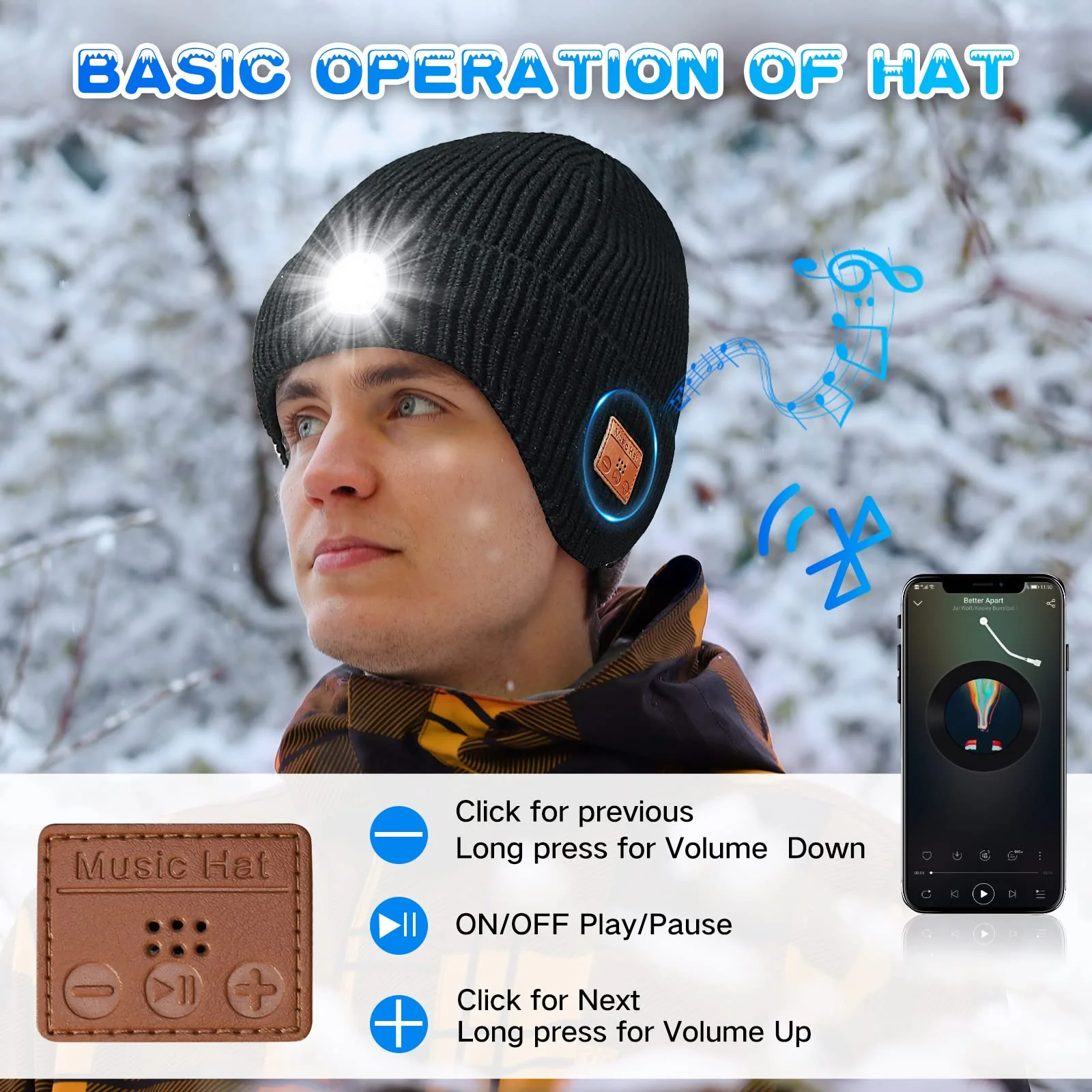 Bluetooth Beanie Hat with Light and Headphones, Built-in Microphone and Stereo Speakers Upgrade Music Knitted Hat, Unisex USB Rechargeable Headphones Music Hat (Black) - Image 3