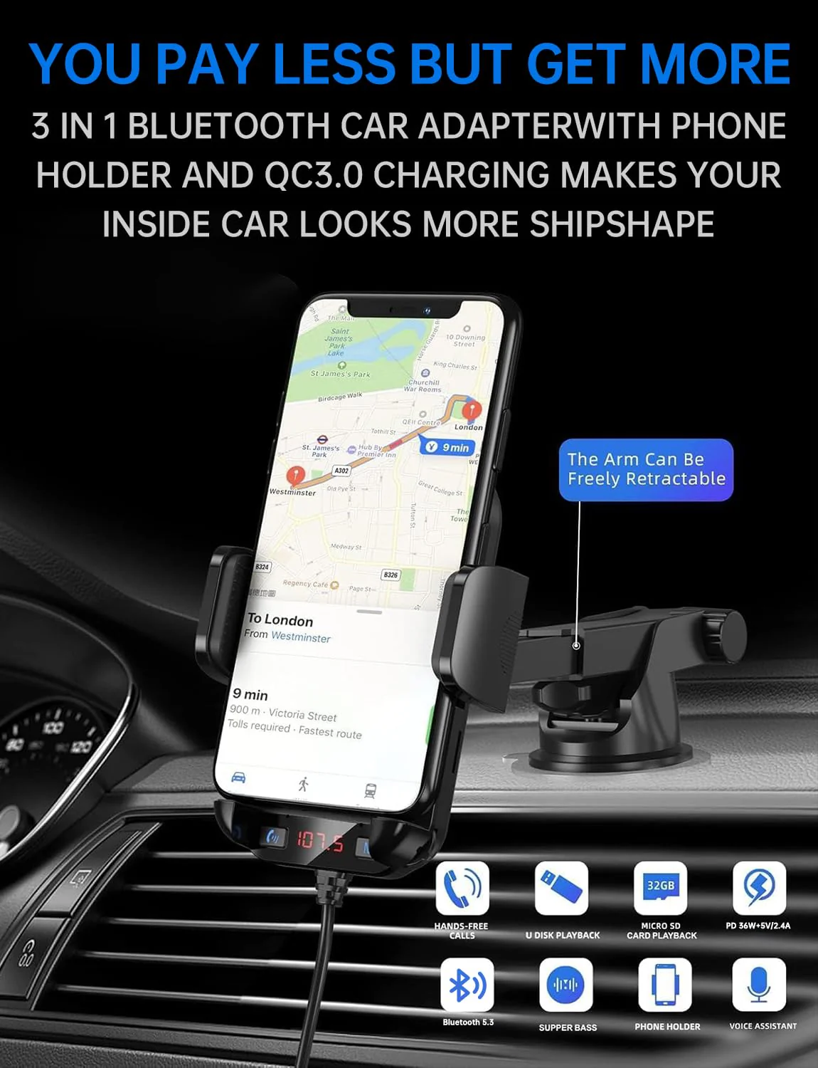 Bluetooth Car Adapter 3 in 1 FM Transmitter Car Radio Bluetooth Transmitter with Phone Holder, QC3.0 Fast Charging, Strong Microphone, HiFi Bass Sound, Hands-Free Call, Support USB/TF Drive BLACK 2 - Image 2