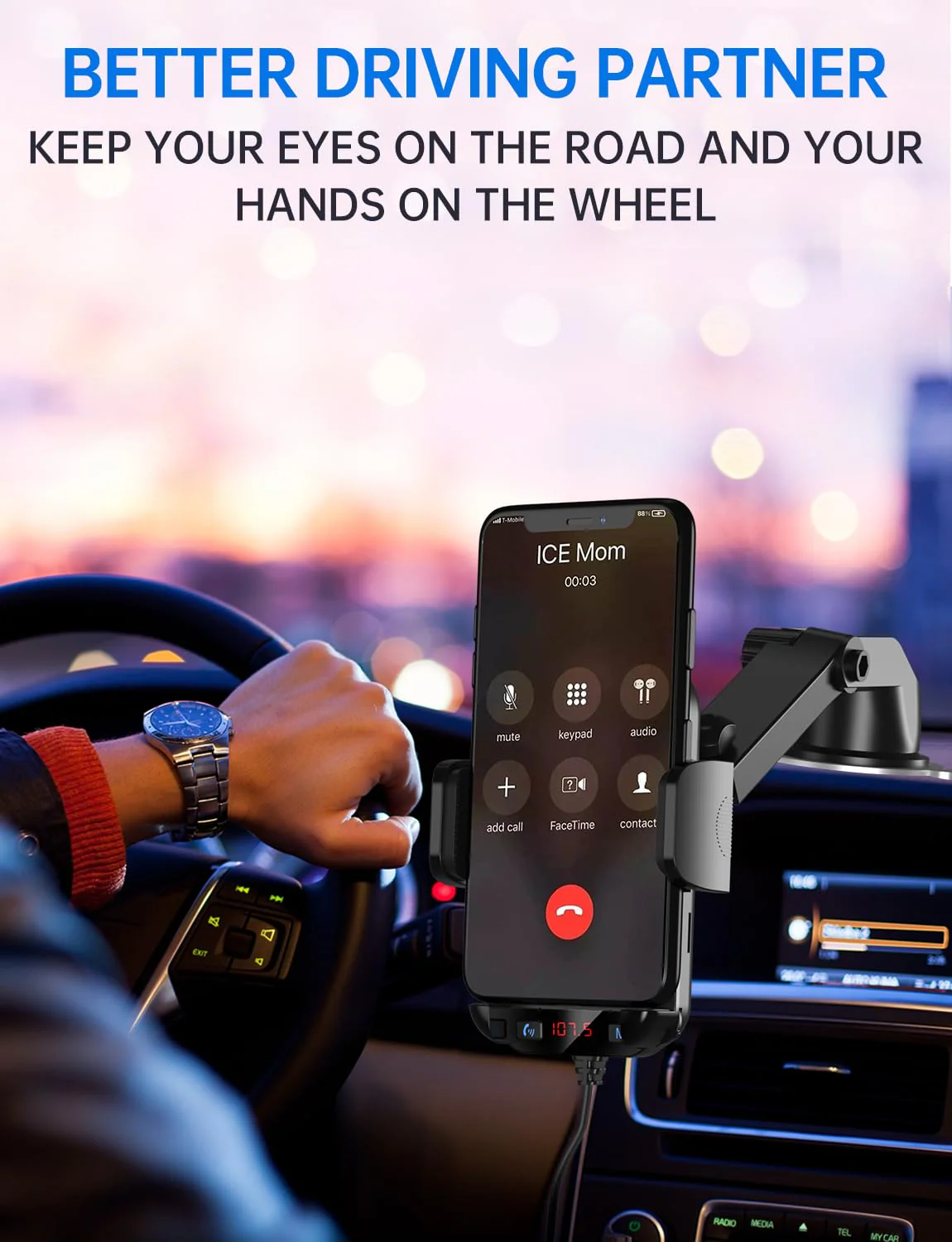 Bluetooth Car Adapter 3 in 1 FM Transmitter Car Radio Bluetooth Transmitter with Phone Holder, QC3.0 Fast Charging, Strong Microphone, HiFi Bass Sound, Hands-Free Call, Support USB/TF Drive BLACK 2 - Image 5
