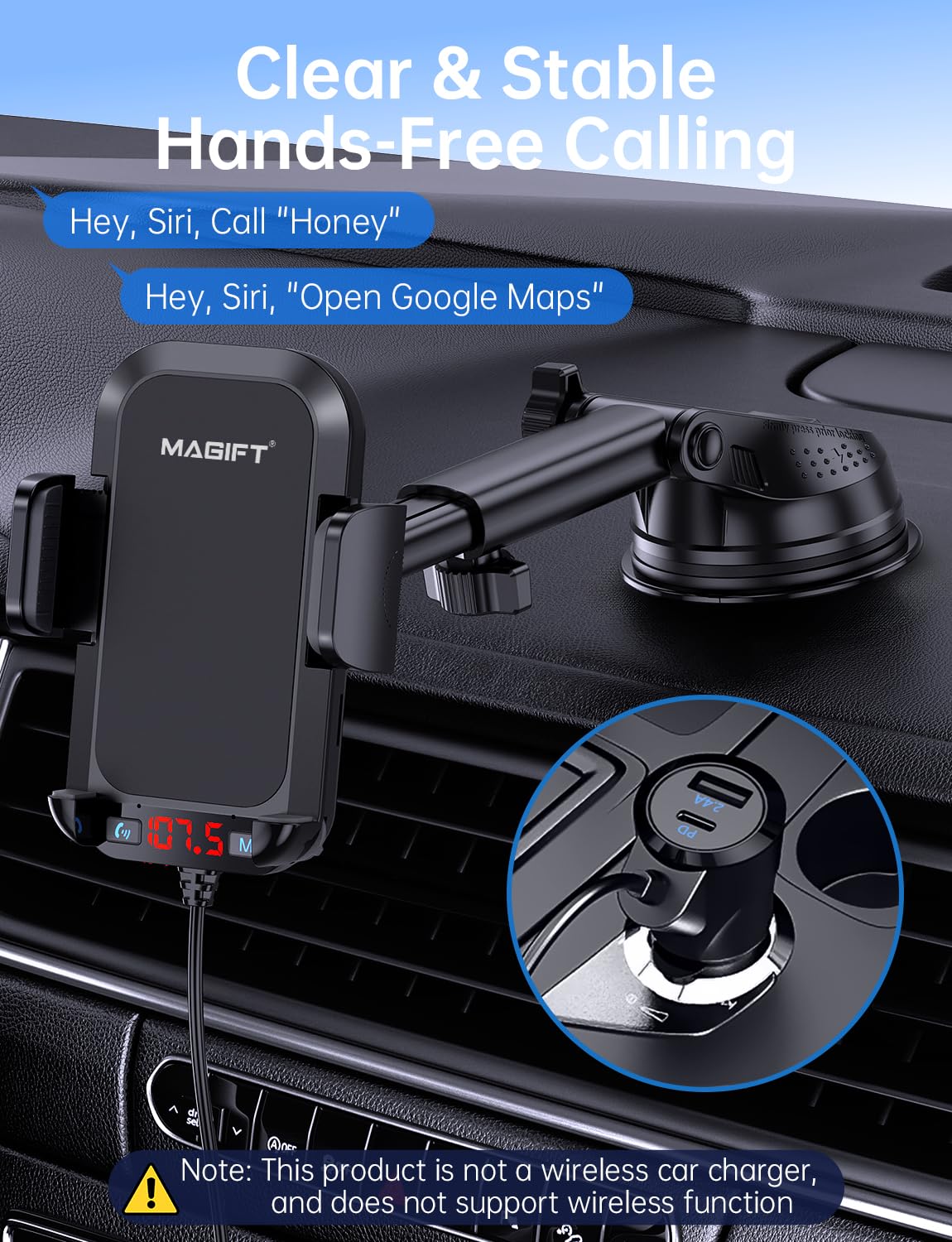 Bluetooth Car Adapter 3 in 1 FM Transmitter Car Radio Bluetooth Transmitter with Phone Holder, QC3.0 Fast Charging, Strong Microphone, HiFi Bass Sound, Hands-Free Call, Support USB/TF Drive BLACK 2 - Image 6
