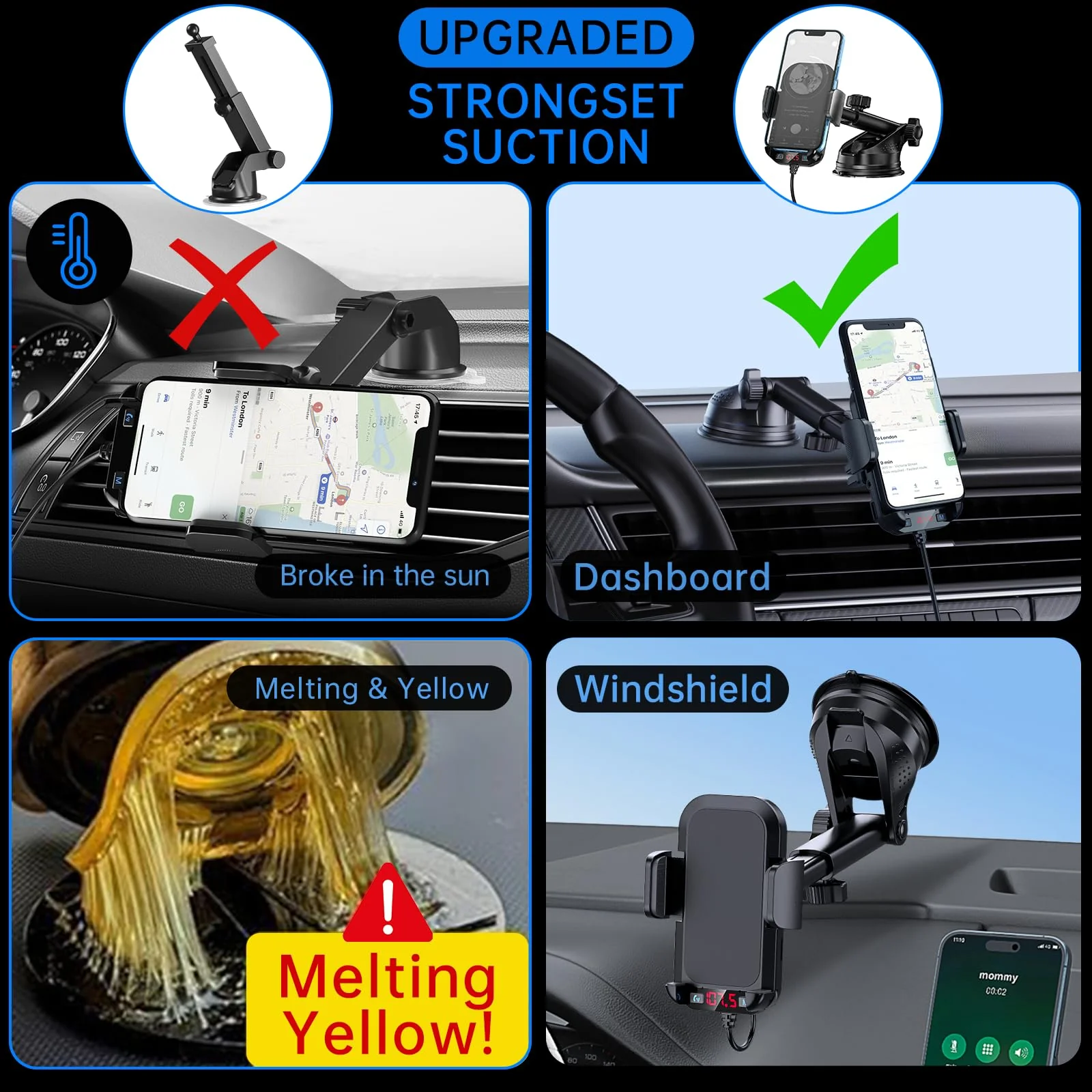 Bluetooth Car Adapter 3 in 1 FM Transmitter Car Radio Bluetooth Transmitter with Phone Holder, QC3.0 Fast Charging, Strong Microphone, HiFi Bass Sound, Hands-Free Call, Support USB/TF Drive Black - Image 2