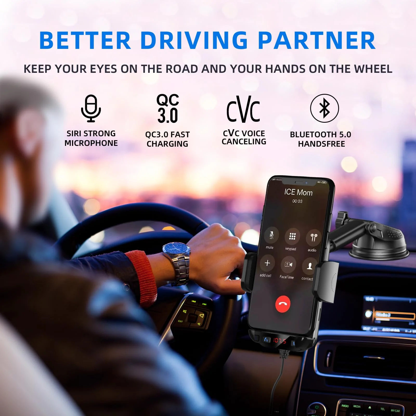 Bluetooth Car Adapter 3 in 1 FM Transmitter Car Radio Bluetooth Transmitter with Phone Holder, QC3.0 Fast Charging, Strong Microphone, HiFi Bass Sound, Hands-Free Call, Support USB/TF Drive Black - Image 3