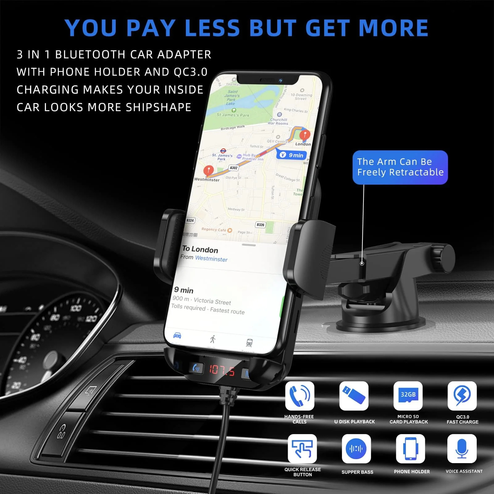 Bluetooth Car Adapter 3 in 1 FM Transmitter Car Radio Bluetooth Transmitter with Phone Holder, QC3.0 Fast Charging, Strong Microphone, HiFi Bass Sound, Hands-Free Call, Support USB/TF Drive Black - Image 4