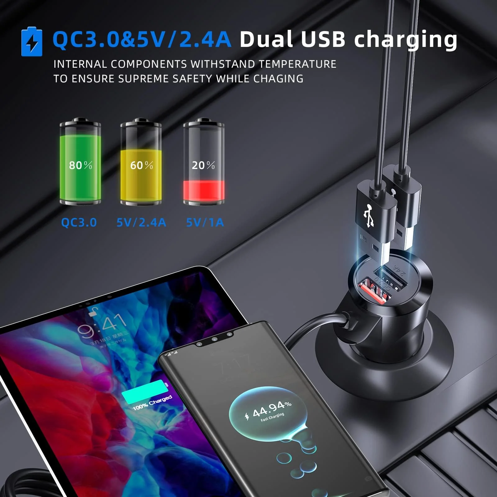 Bluetooth Car Adapter 3 in 1 FM Transmitter Car Radio Bluetooth Transmitter with Phone Holder, QC3.0 Fast Charging, Strong Microphone, HiFi Bass Sound, Hands-Free Call, Support USB/TF Drive Black - Image 5
