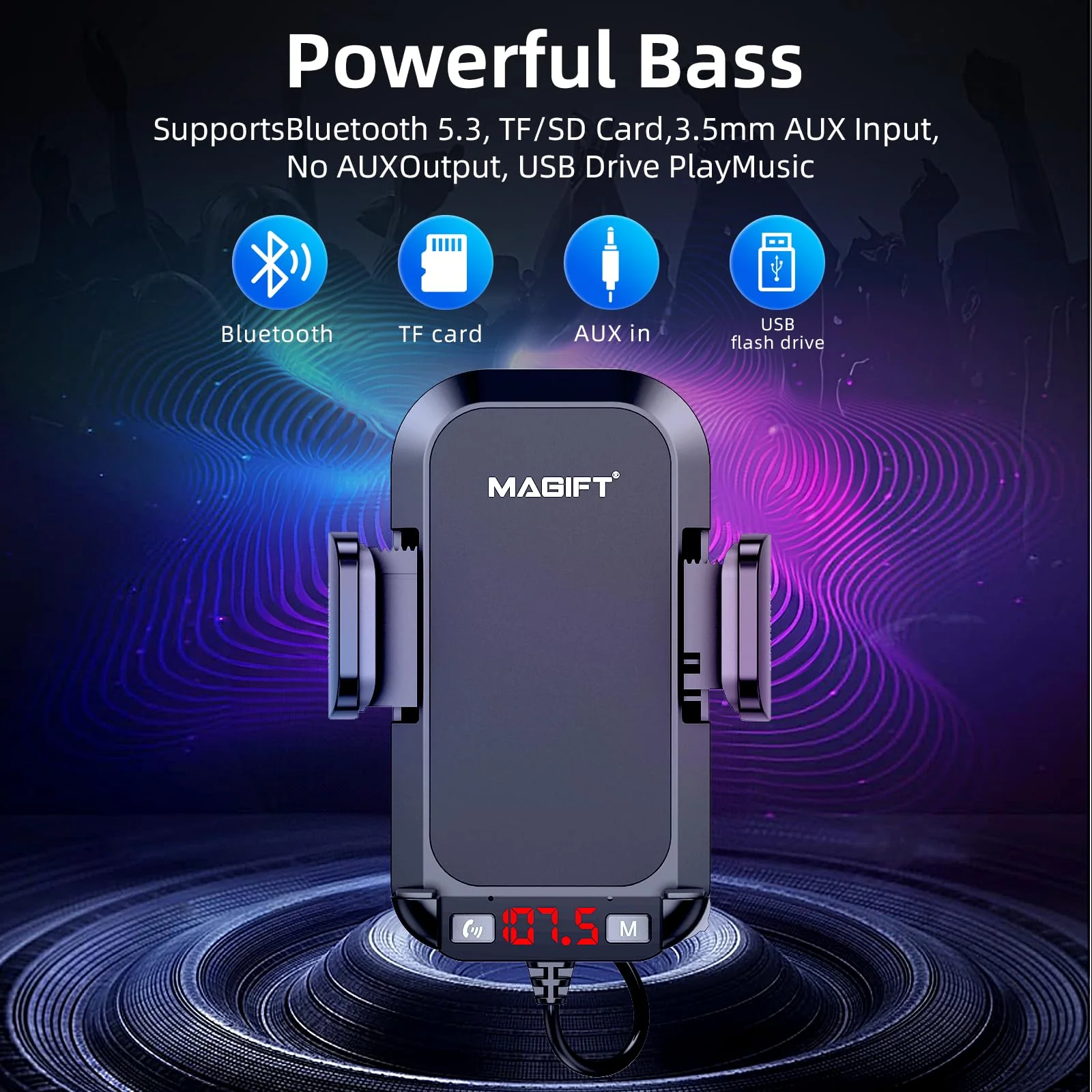 Bluetooth Car Adapter 3 in 1 FM Transmitter Car Radio Bluetooth Transmitter with Phone Holder, QC3.0 Fast Charging, Strong Microphone, HiFi Bass Sound, Hands-Free Call, Support USB/TF Drive Black - Image 6