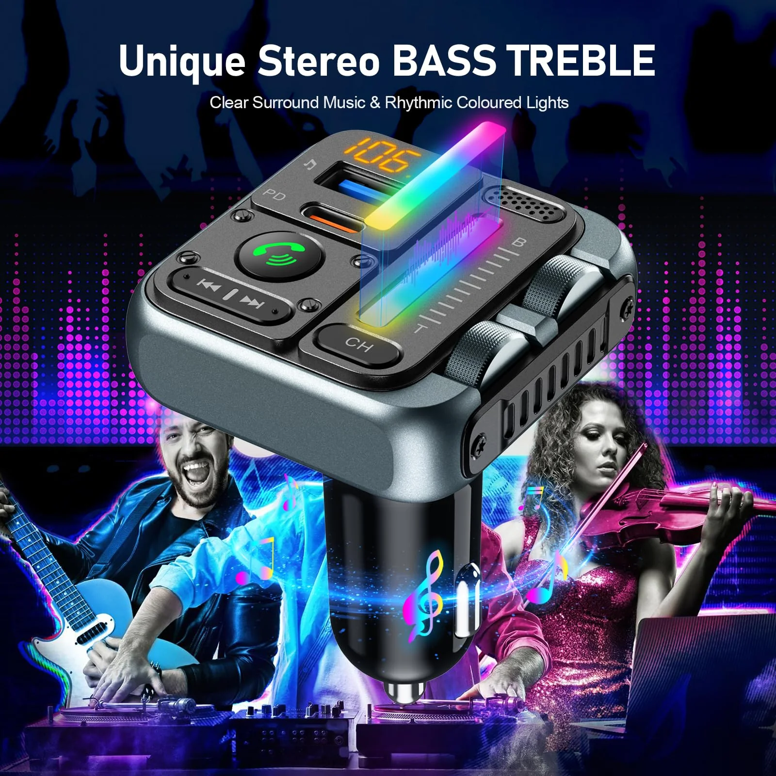 Bluetooth Car Adapter - Bluetooth 5.3 FM Transmitter, PD 45W & QC3.0 12W Fast Car Charger, Wireless FM Stereo Radio Music Adapter [Hi-Fi Bass/Treble Roller], Hands-Free Calling/U-Disk Grey - Image 3