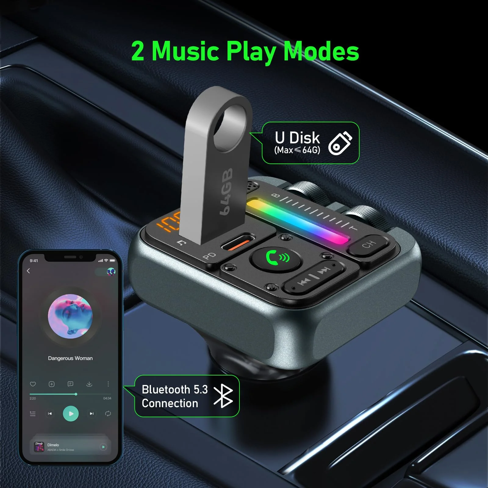 Bluetooth Car Adapter - Bluetooth 5.3 FM Transmitter, PD 45W & QC3.0 12W Fast Car Charger, Wireless FM Stereo Radio Music Adapter [Hi-Fi Bass/Treble Roller], Hands-Free Calling/U-Disk Grey - Image 5