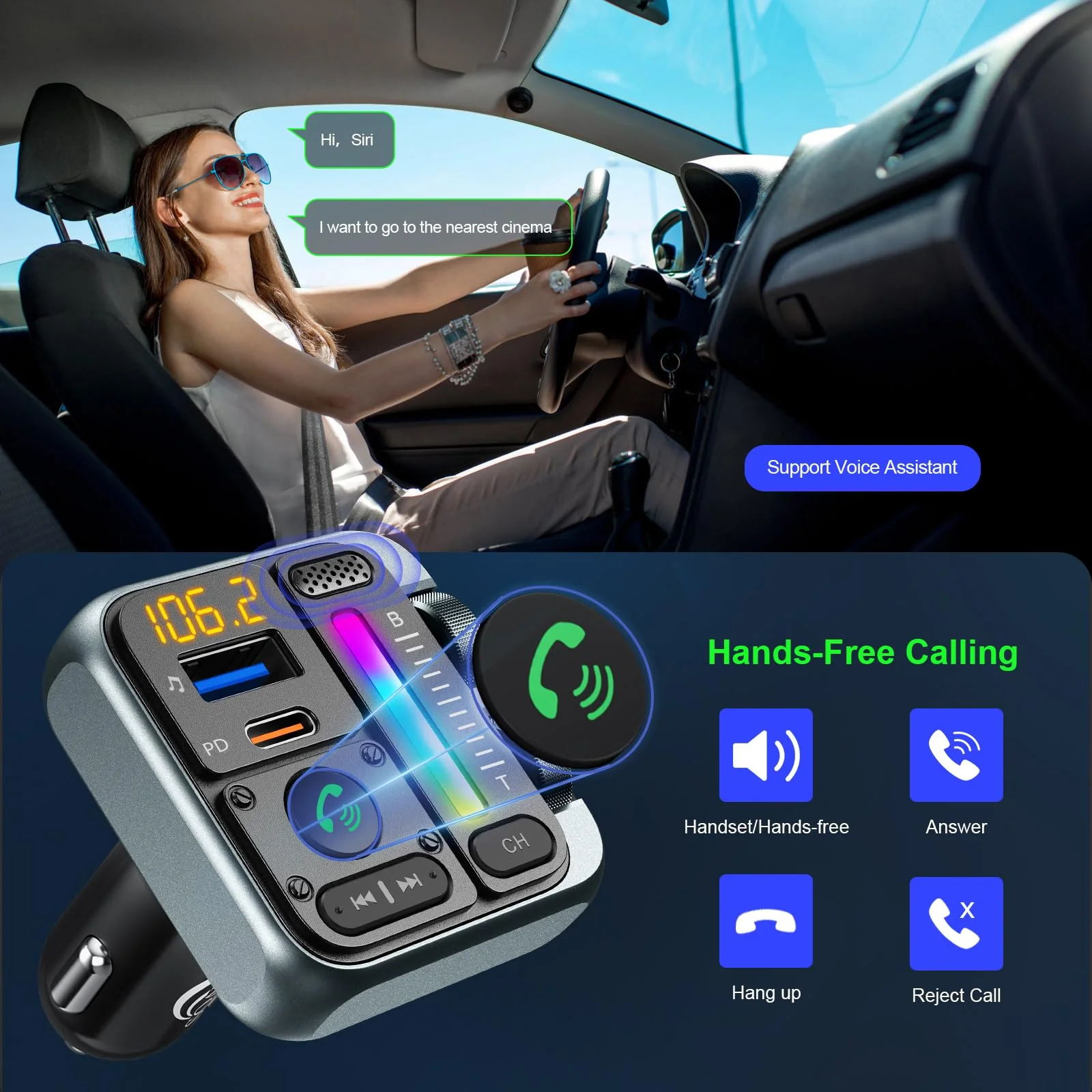 Bluetooth Car Adapter - Bluetooth 5.3 FM Transmitter, PD 45W & QC3.0 12W Fast Car Charger, Wireless FM Stereo Radio Music Adapter [Hi-Fi Bass/Treble Roller], Hands-Free Calling/U-Disk Grey - Image 6