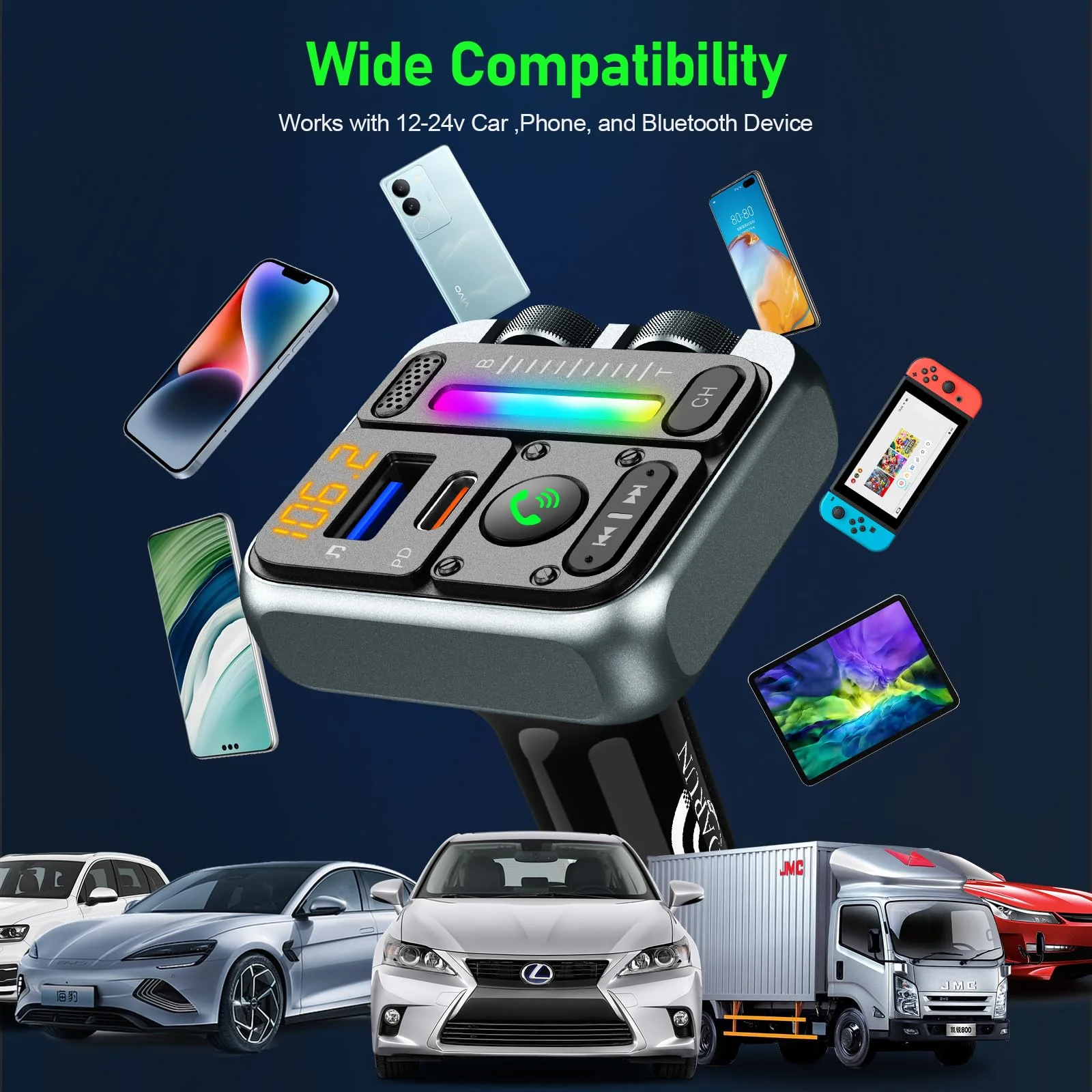 Bluetooth Car Adapter - Bluetooth 5.3 FM Transmitter, PD 45W & QC3.0 12W Fast Car Charger, Wireless FM Stereo Radio Music Adapter [Hi-Fi Bass/Treble Roller], Hands-Free Calling/U-Disk Grey - Image 7