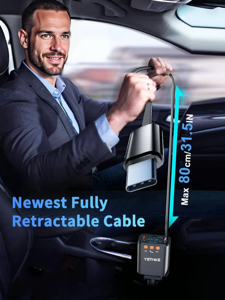 Bluetooth Car Adapter with Retractable Charger, FM Transmitter Bluetooth 5.4 for Cars, 4 in 1 Fast Car Phone Charger 69W, Handsfree Call, 2*Retractable Cable for iPhone 17/16/15/14, Galaxy-Black Black - Image 3