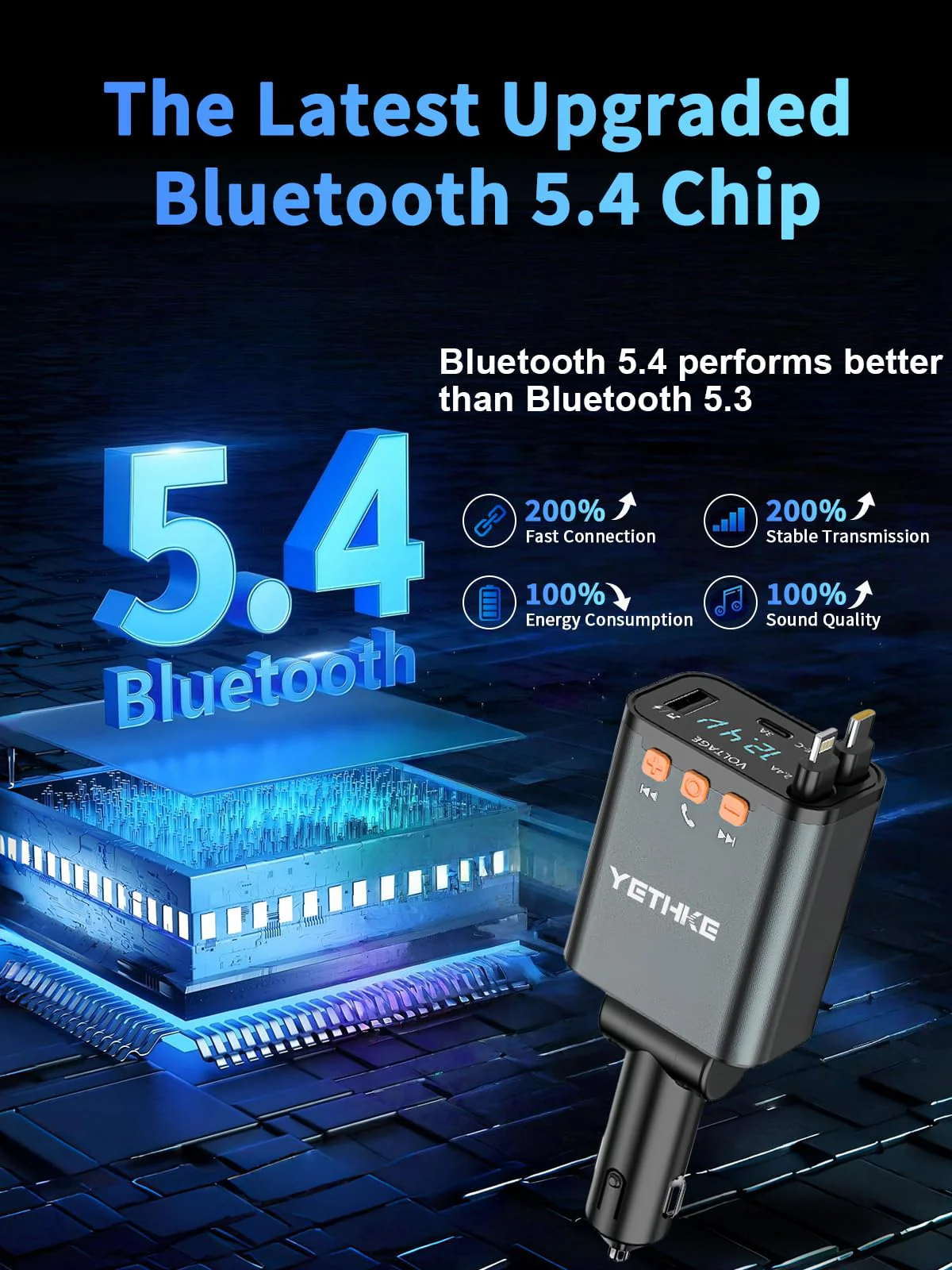Bluetooth Car Adapter with Retractable Charger, FM Transmitter Bluetooth 5.4 for Cars, 4 in 1 Fast Car Phone Charger 69W, Handsfree Call, 2*Retractable Cable for iPhone 17/16/15/14, Galaxy-Black Black - Image 5