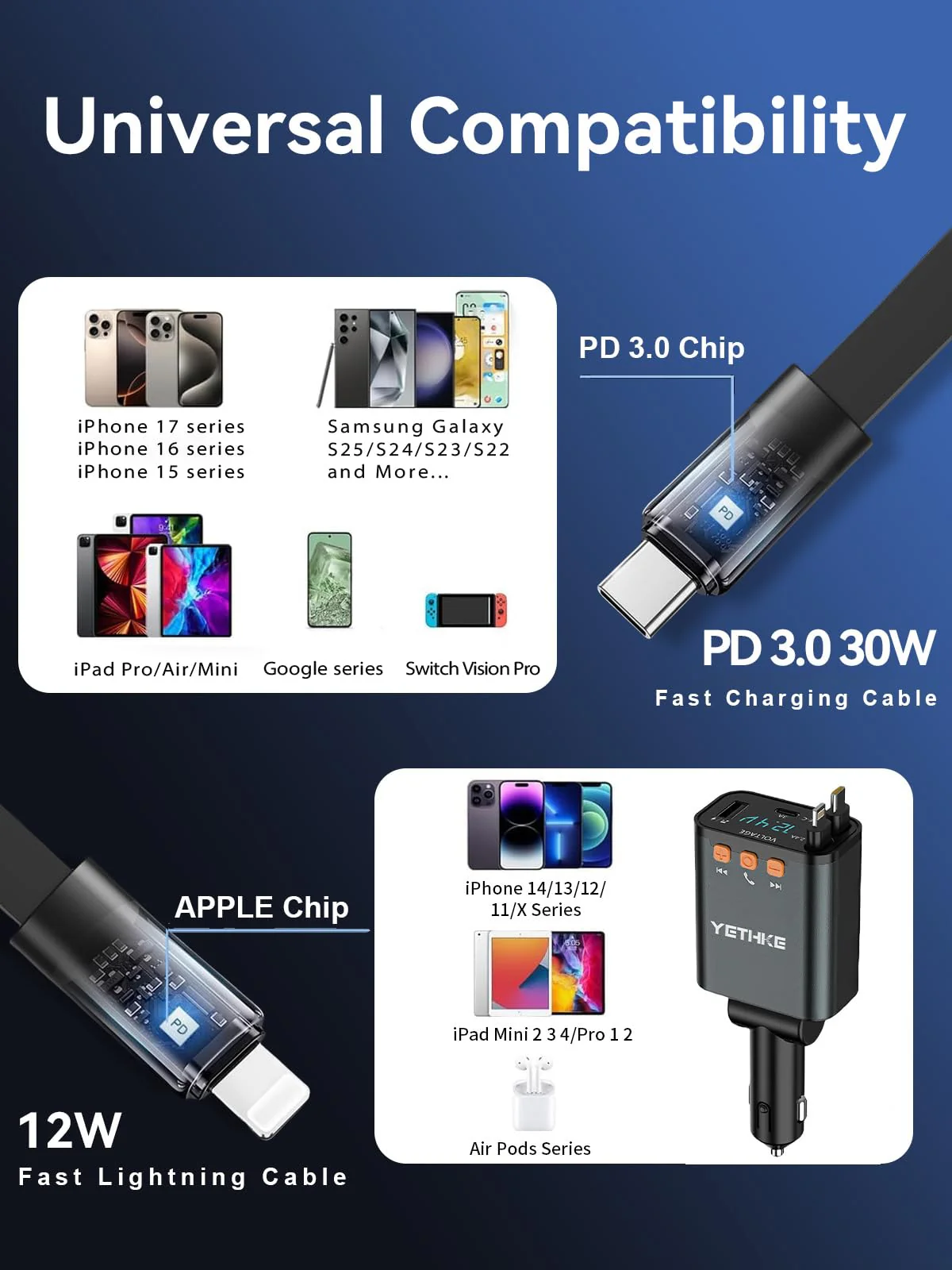 Bluetooth Car Adapter with Retractable Charger, FM Transmitter Bluetooth 5.4 for Cars, 4 in 1 Fast Car Phone Charger 69W, Handsfree Call, 2*Retractable Cable for iPhone 17/16/15/14, Galaxy-Black Black - Image 7